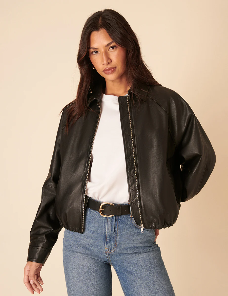 Black Leather Bomber Jacket - Image 5