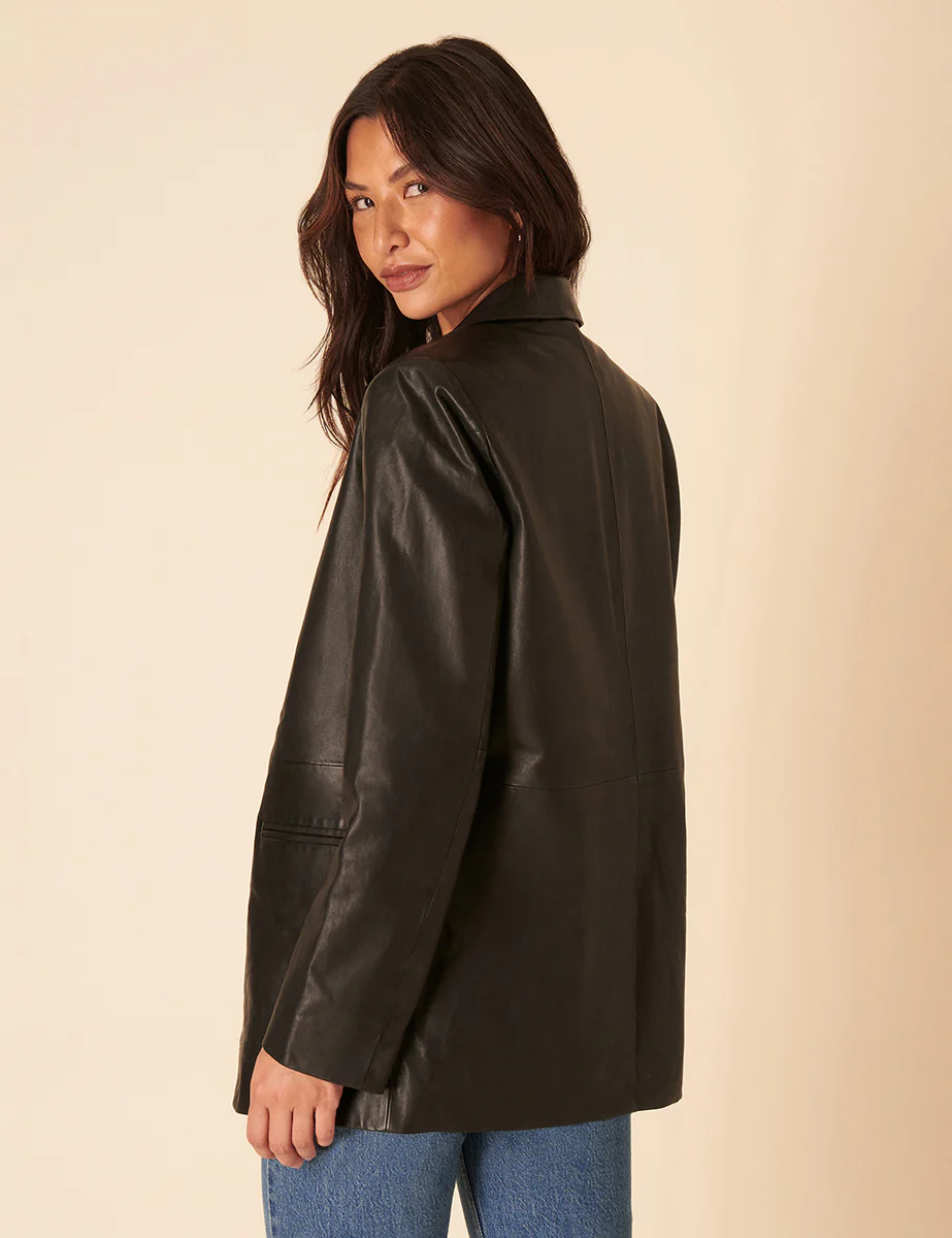 Black Leather Boyfriend Blazer - Image 3