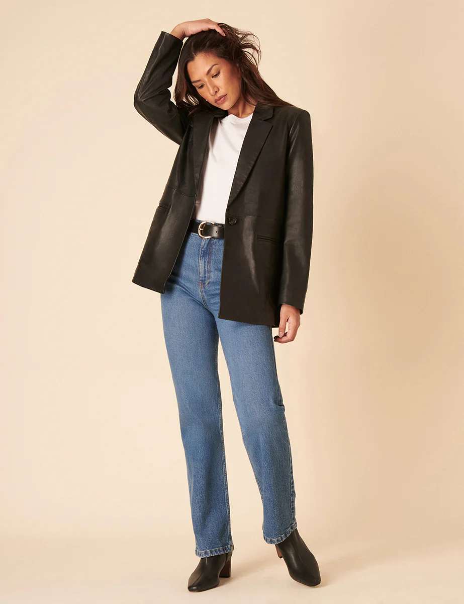 Black Leather Boyfriend Blazer - Image 5