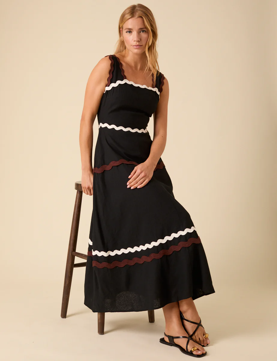Black Linen-blend Contrast Trim Acacia Midi Dress - Image 3