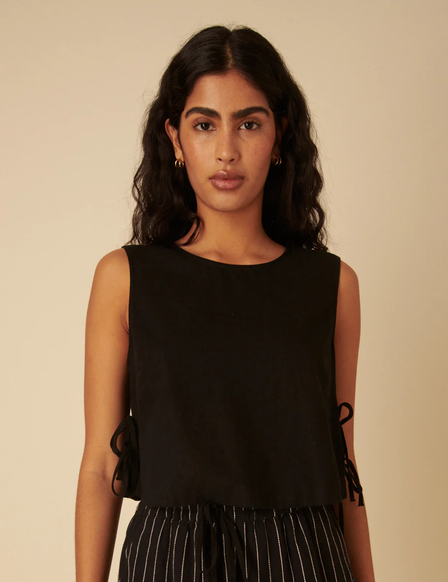 Black Linen-blend Side Tie Sleeveless Top