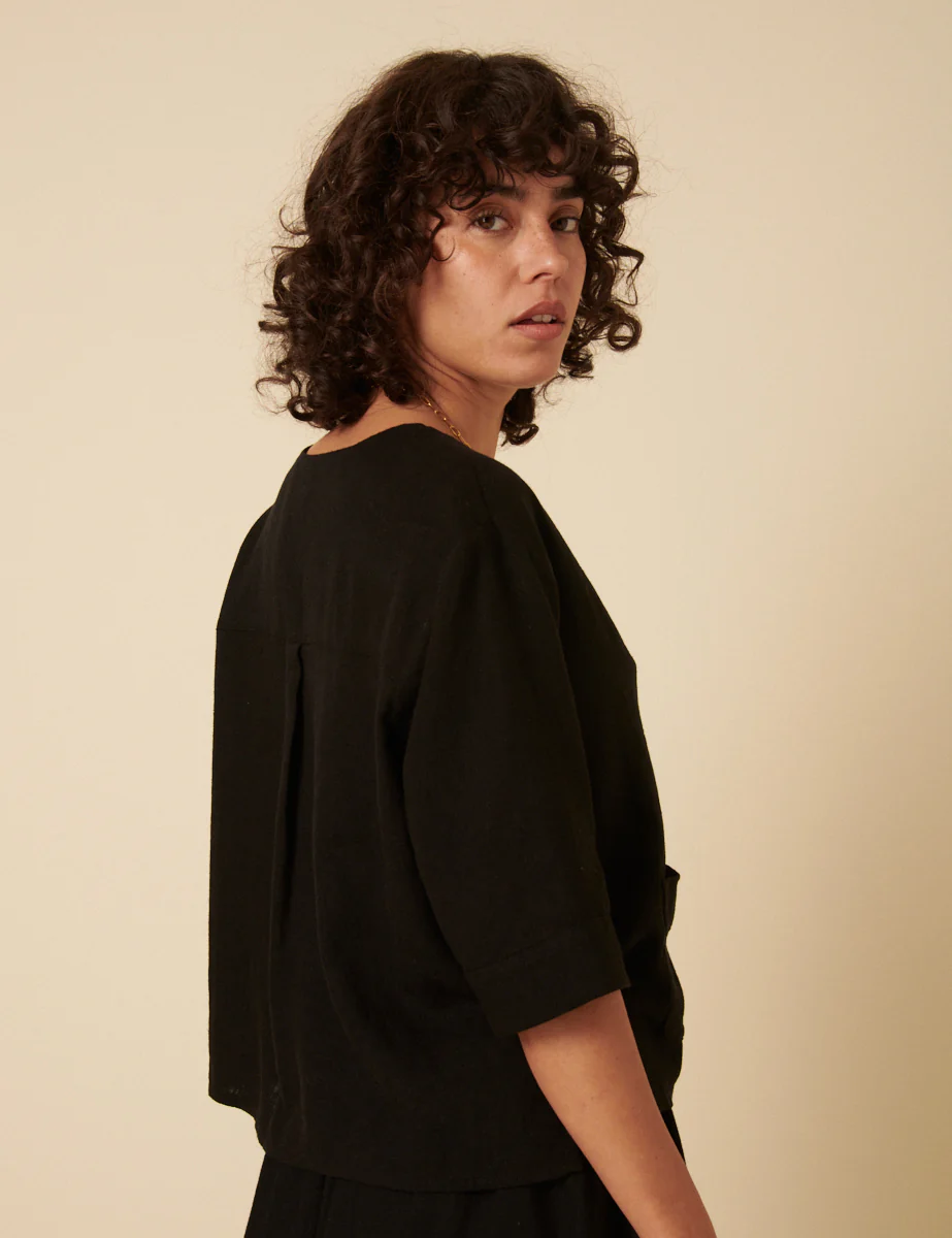 Black Linen-blend V-Neck Shirt - Image 5