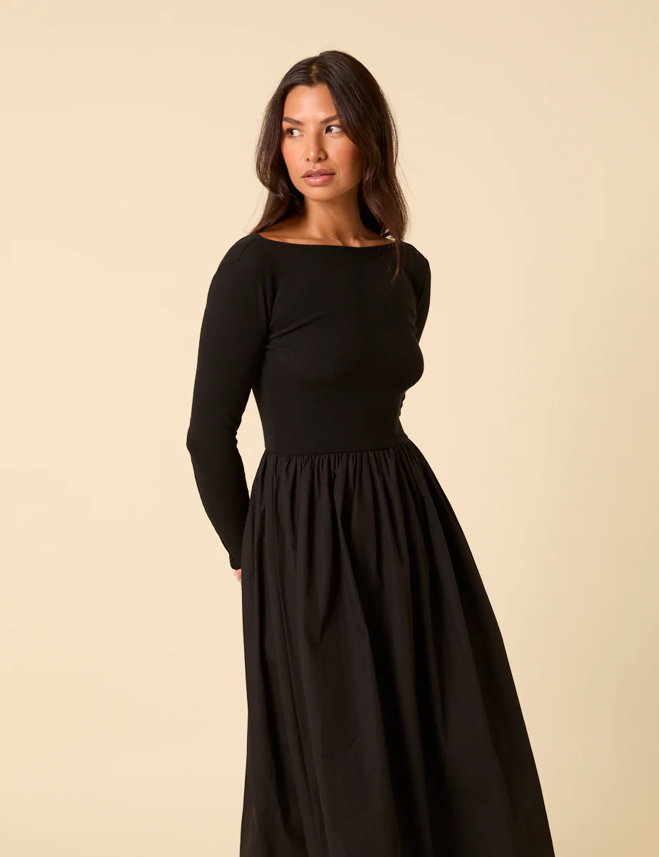Black Long Sleeve A-Line Penni Midi Dress - Image 4