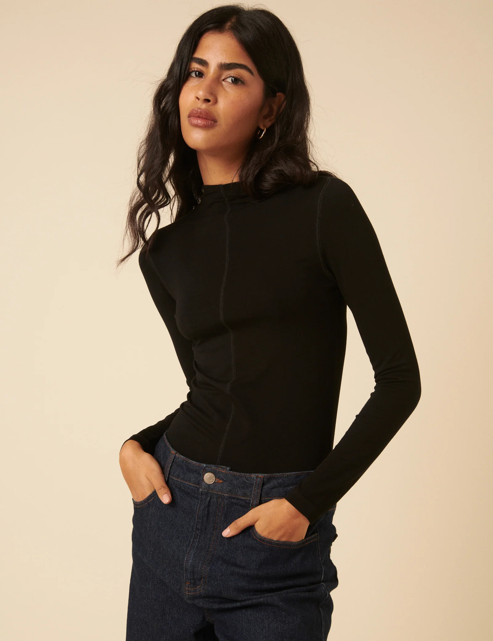Black Long Sleeve High Neck Jersey Top - Image 2