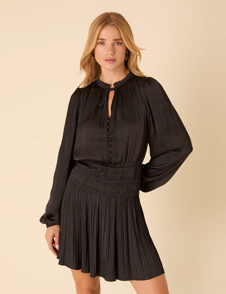 Black Long Sleeve Pleated Pilar Mini Dress - Image 4