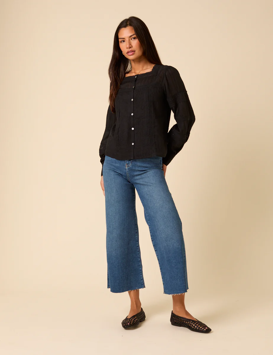 Black Long Sleeve Lace Trim Blouse - Image 2