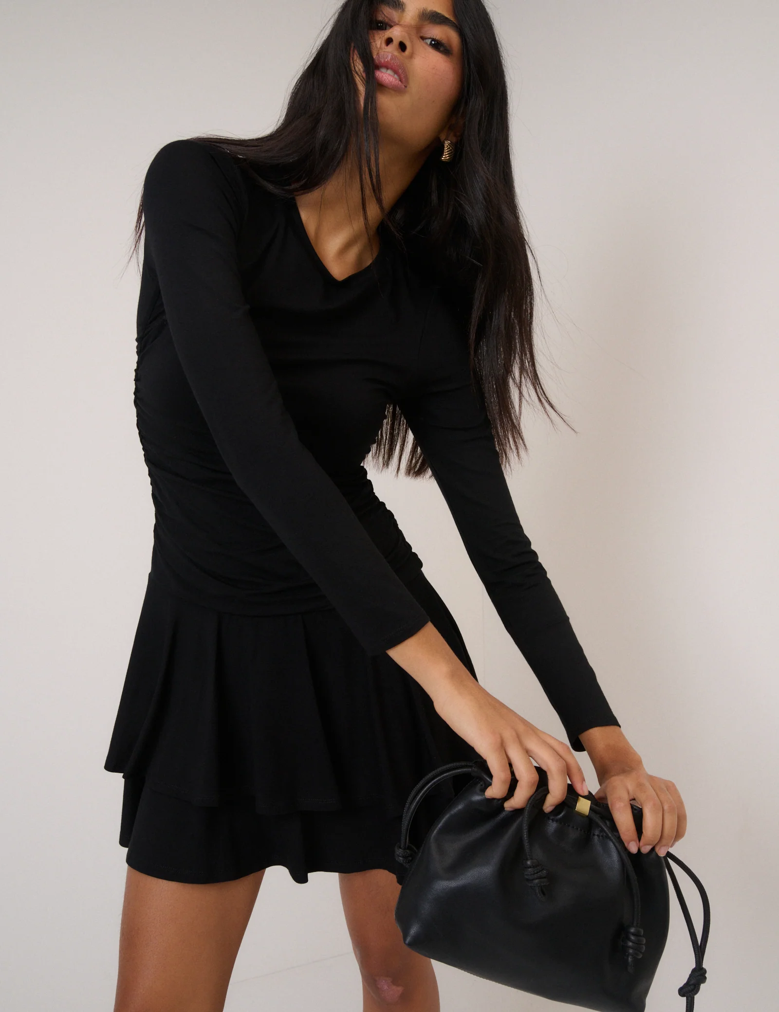 Black Long Sleeve Tiered Yuki Jersey Mini Dress - Image 5