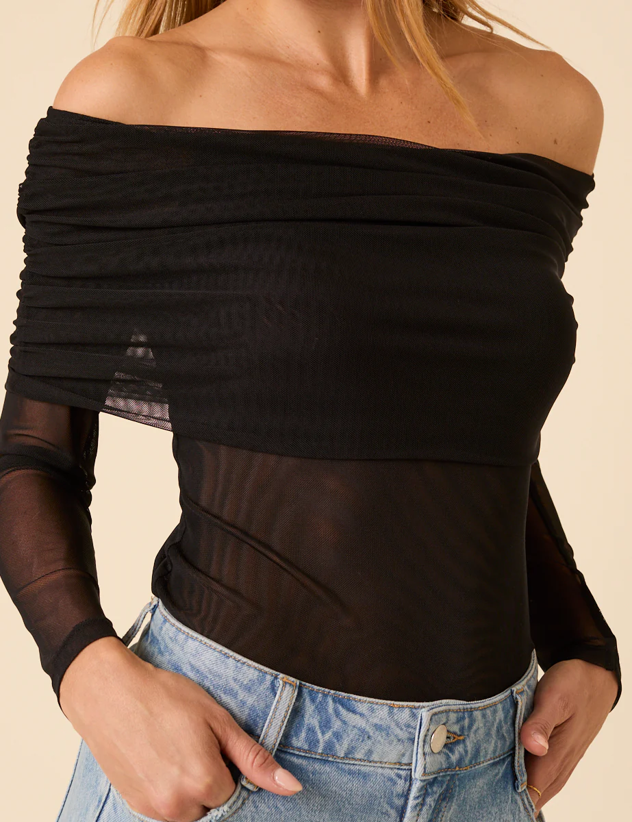 Black Off Shoulder Mesh Top - Image 2