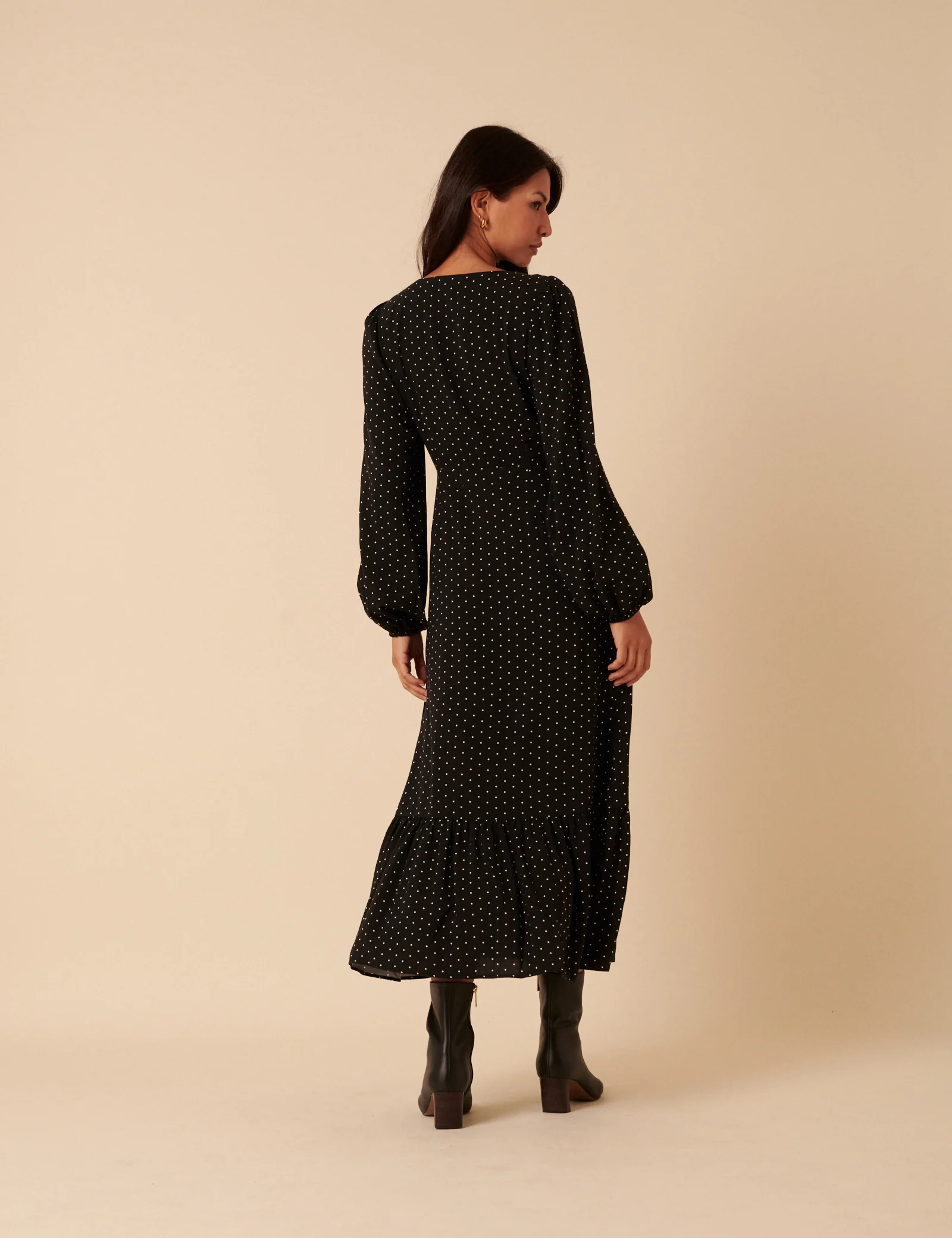 Black Polka Dot Balloon Sleeve Amara Midi Dress - Image 5