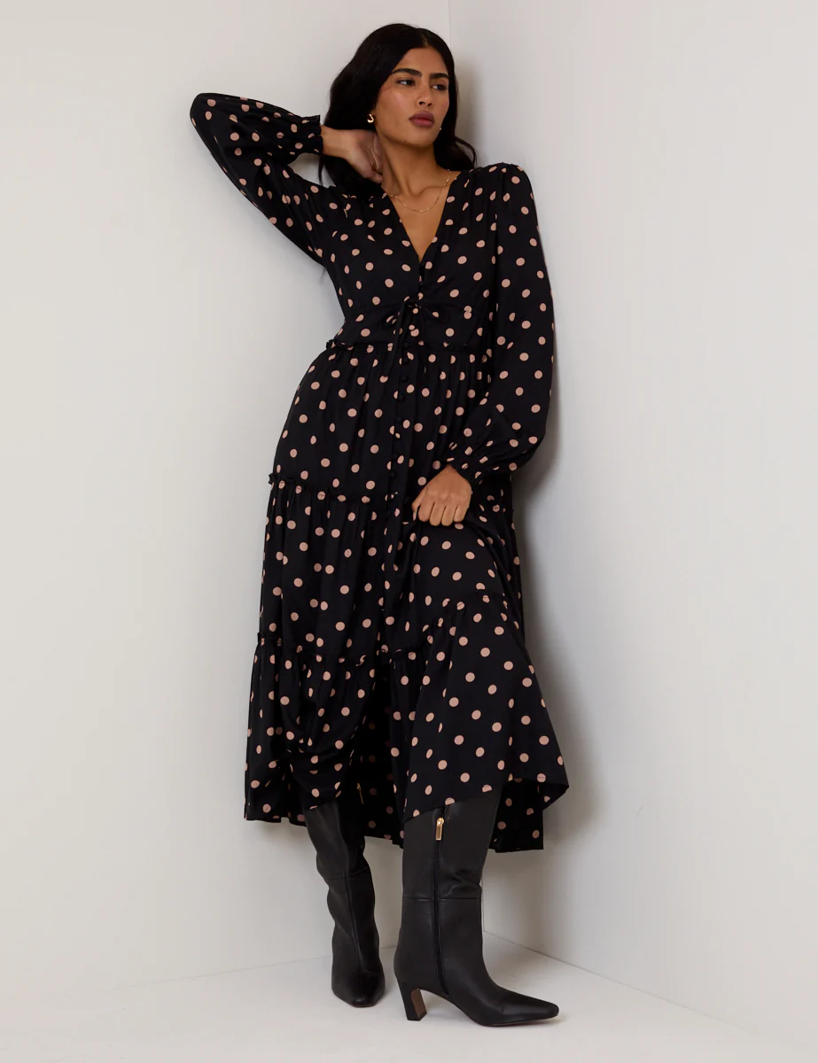 Black Polka Dot Balloon Sleeve Sofia Midi Dress - Image 4