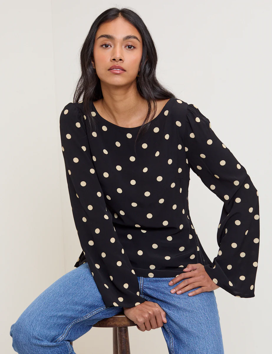 Black Polka Dot Flute Sleeve Blouse - Image 3