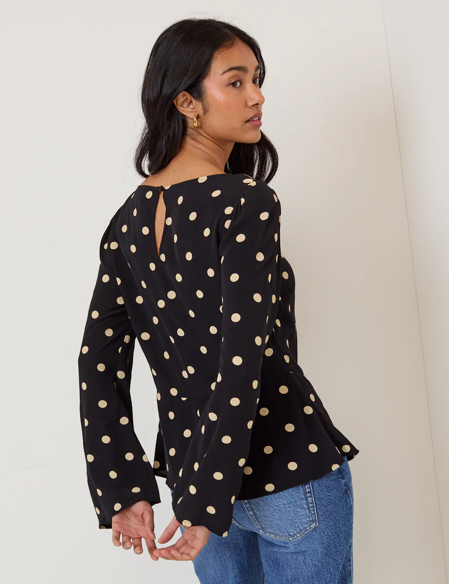 Black Polka Dot Flute Sleeve Blouse - Image 4
