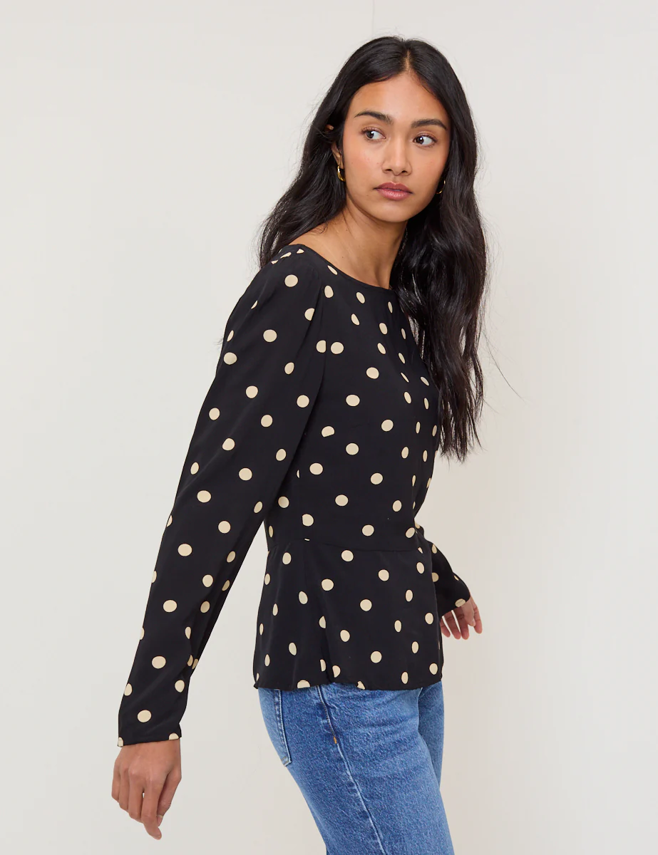 Black Polka Dot Flute Sleeve Blouse - Image 5