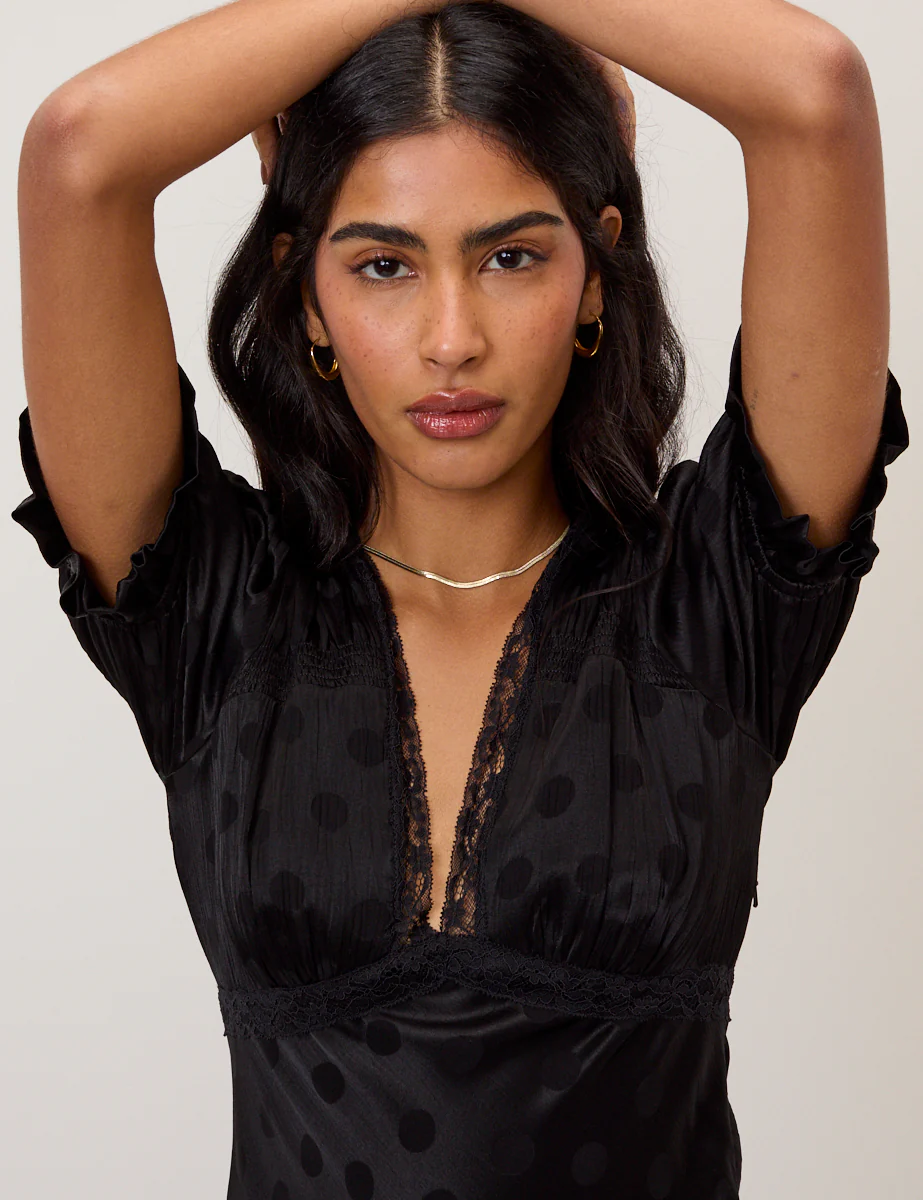 Black Polka Dot Jacquard Angela Midi Dress - Image 3