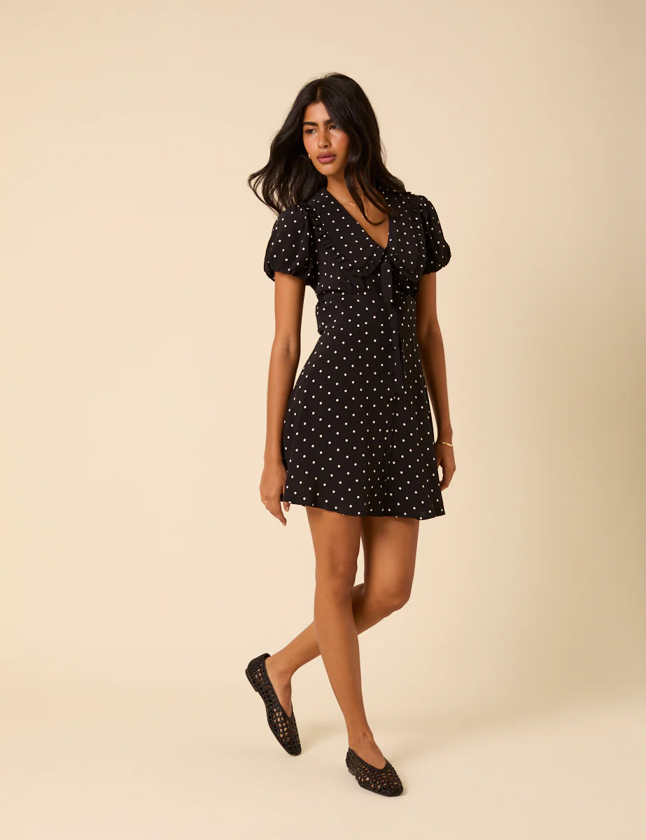 Black Polka Dot Puff Sleeve Mini Dress - Image 2