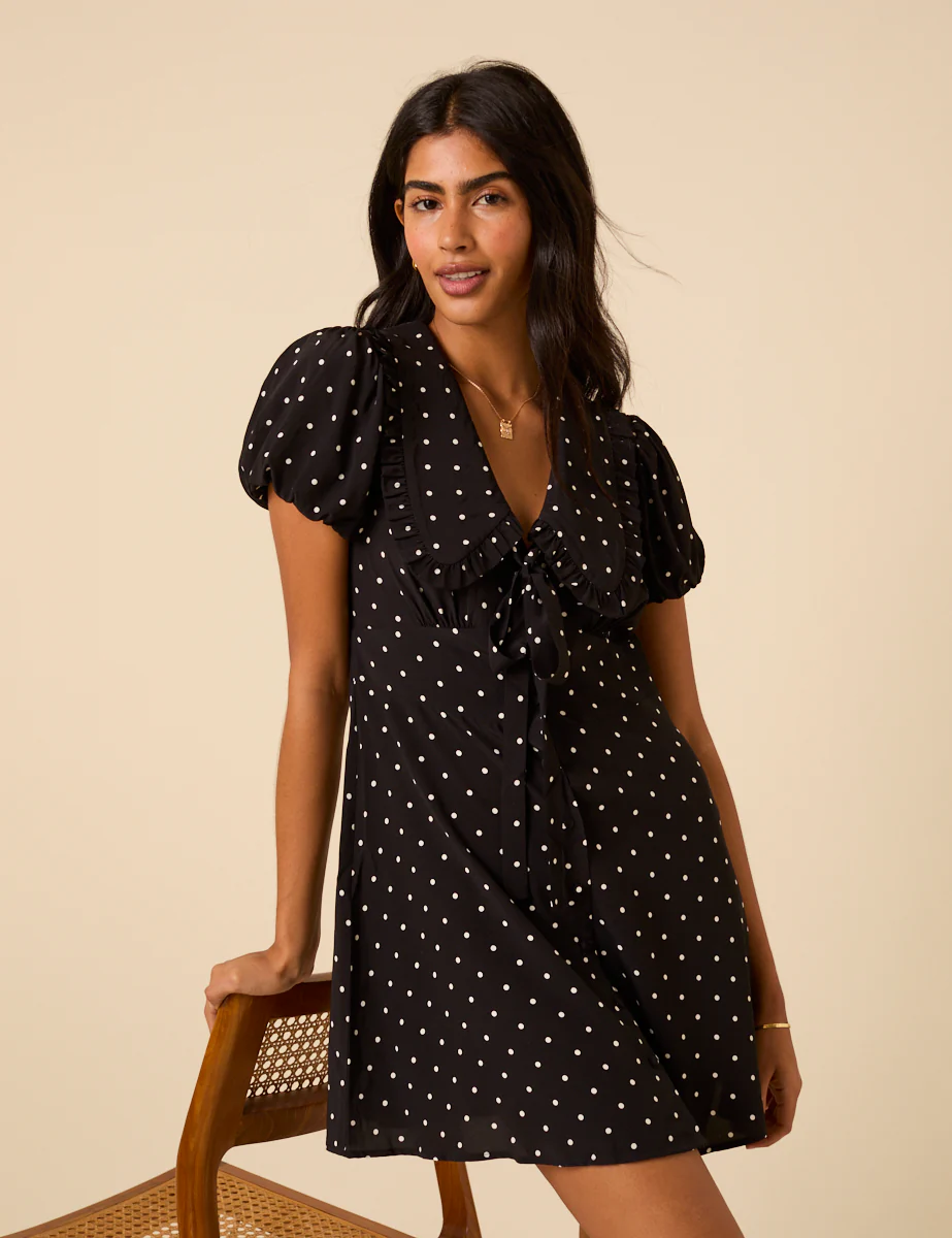 Black Polka Dot Puff Sleeve Mini Dress - Image 4