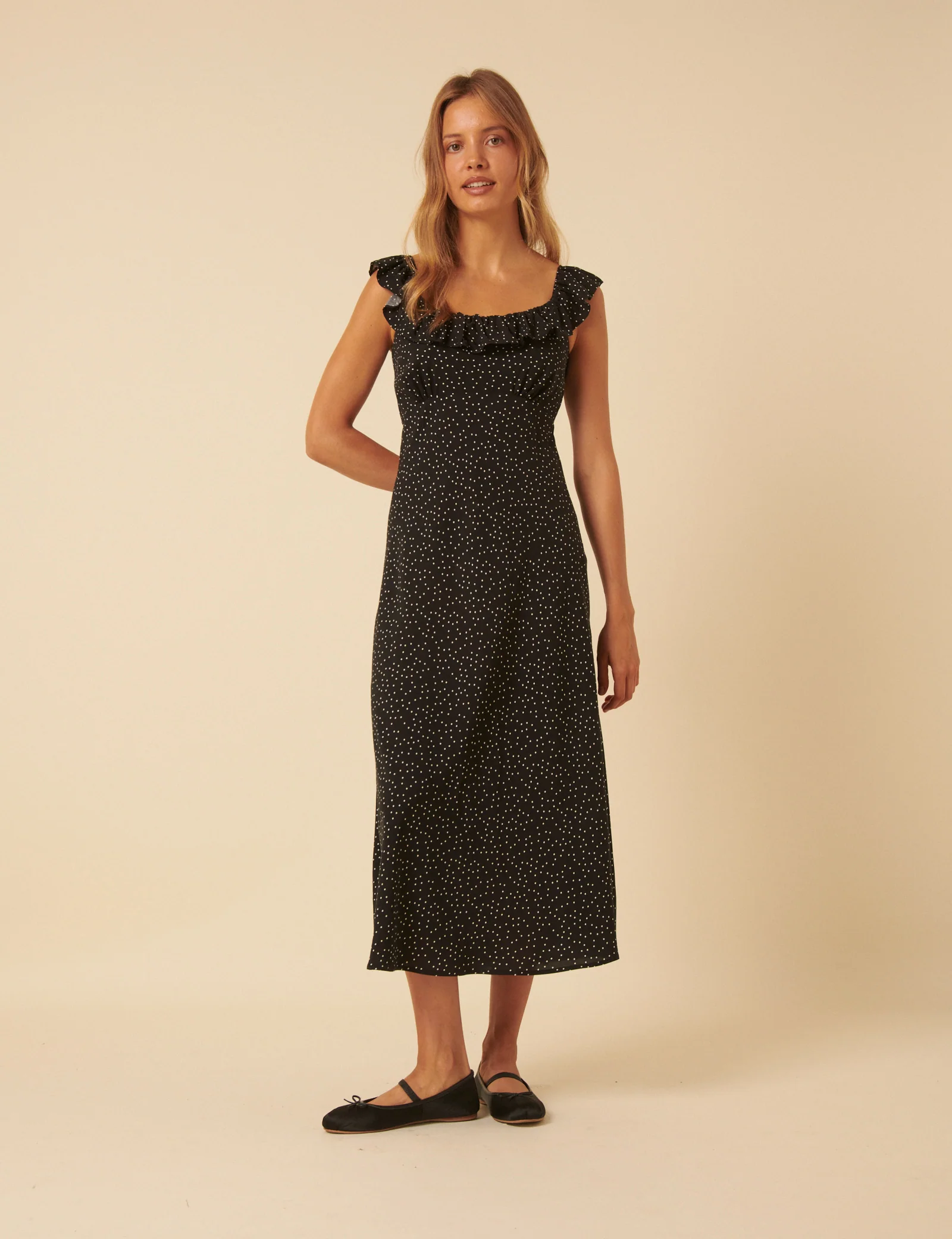 Black Polka Dot Round Neck Libby Midi Dress - Image 2