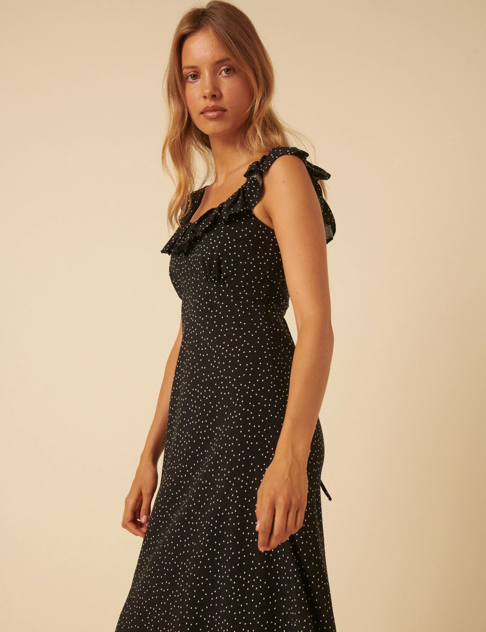 Black Polka Dot Round Neck Libby Midi Dress - Image 3