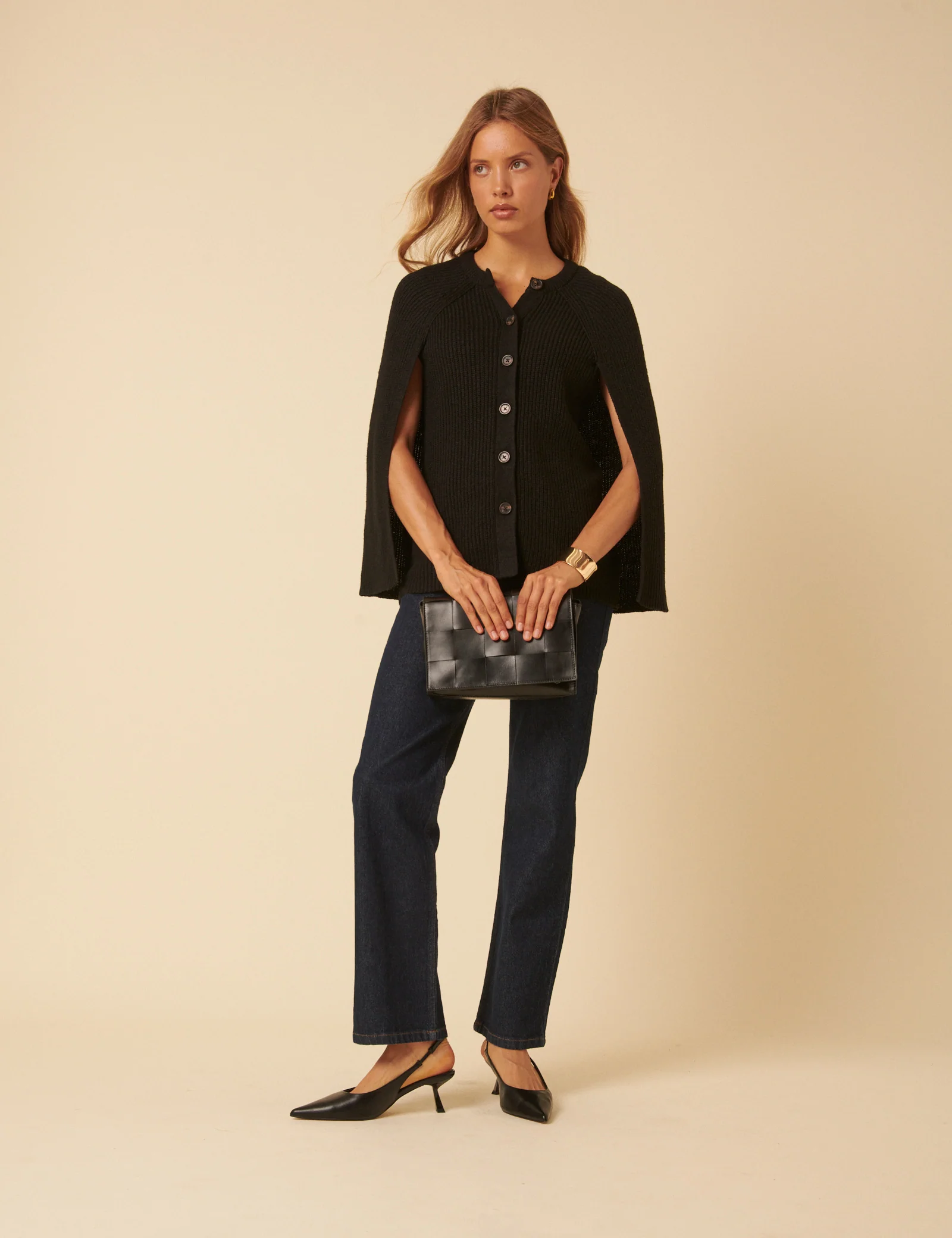 Black Ribbed Cape Cardigan - Image 3