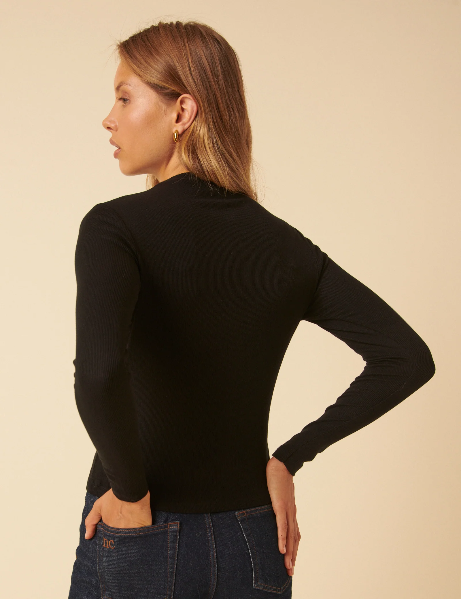 Black Ribbed High Neck Long Sleeve Top - Image 4