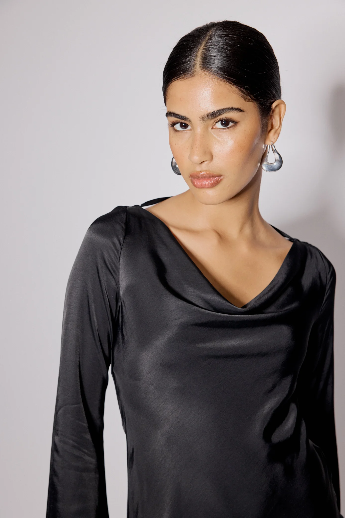 Black Satin Cowl Neck Leighton Mini Dress - Image 2
