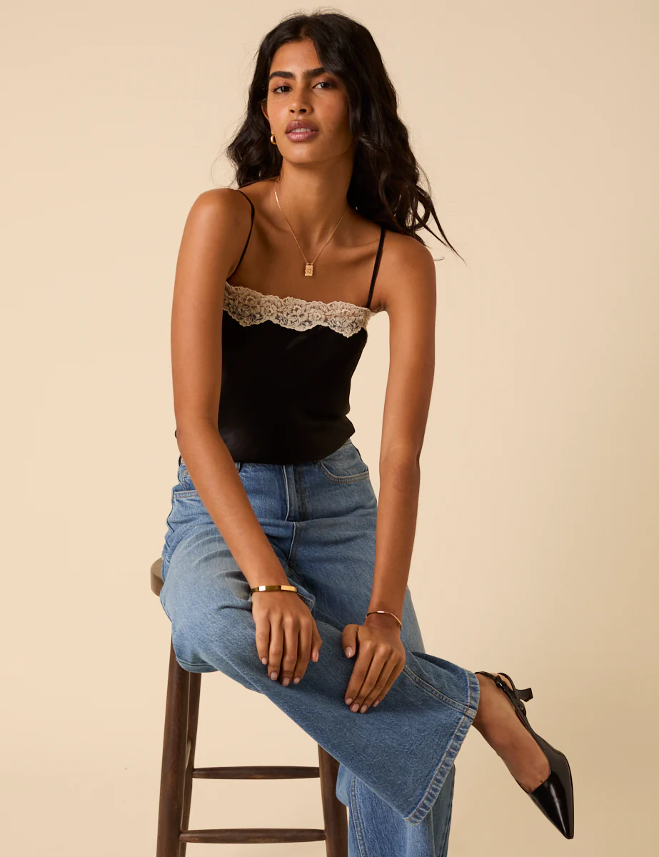 Black Satin Lace Cami Top - Image 2