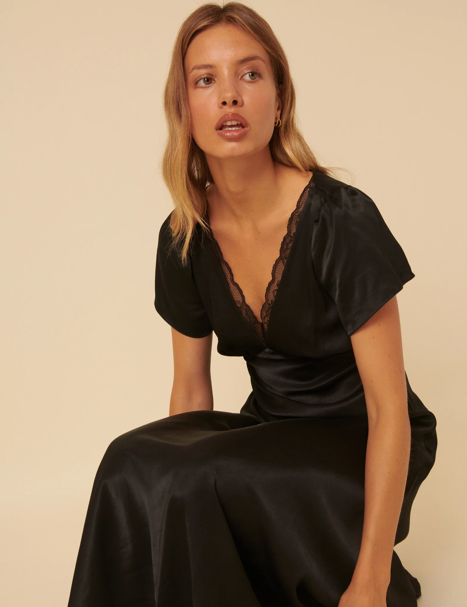 Black Satin Lace Detail Sienna Midi Dress - Image 3