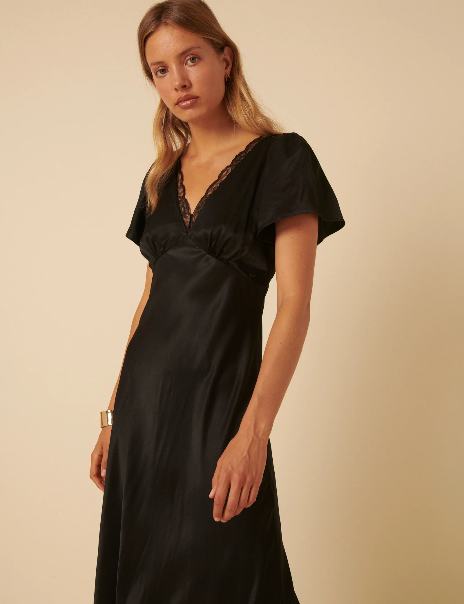 Black Satin Lace Detail Sienna Midi Dress - Image 4