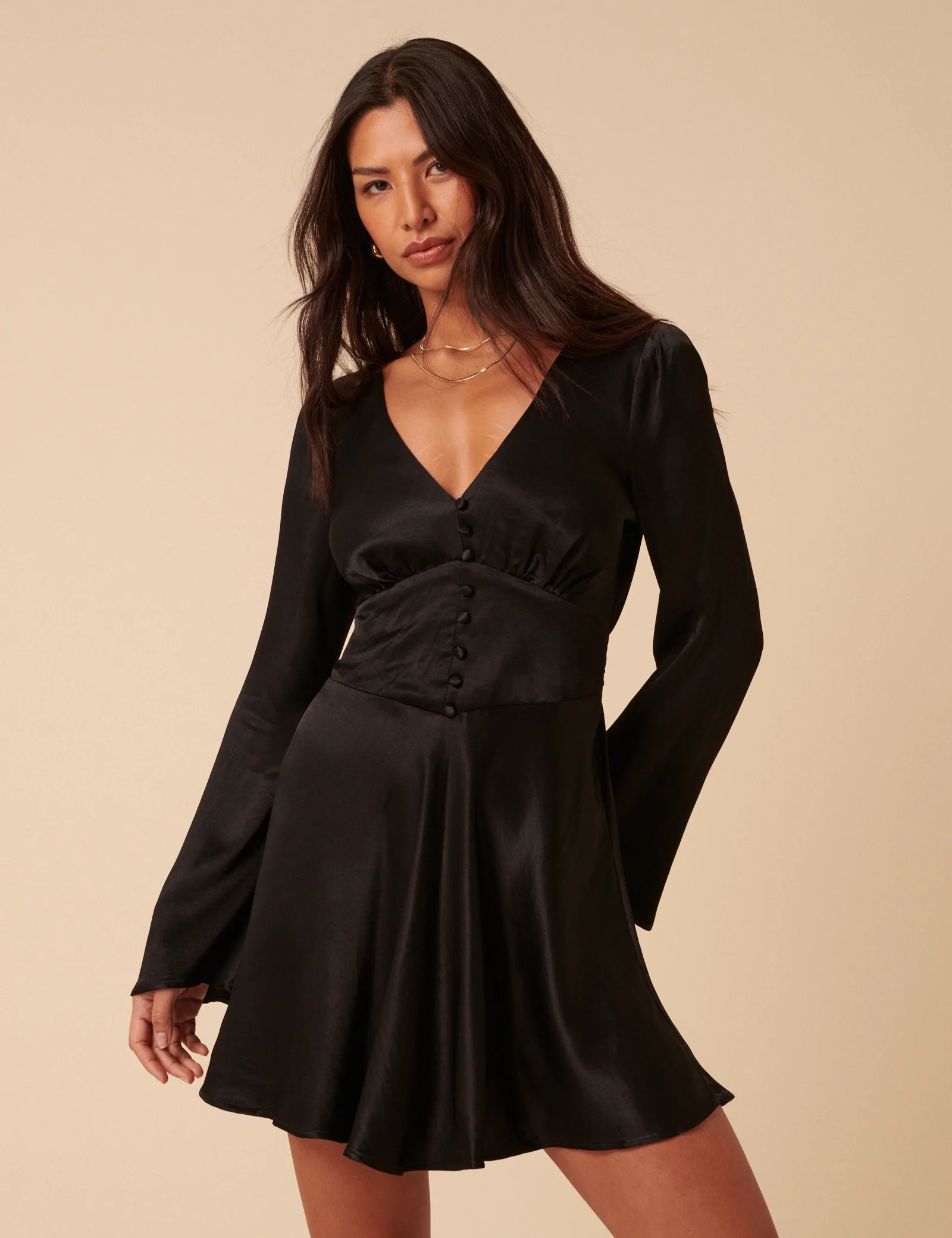 Black Satin Long Sleeve Stella Mini Dress - Image 2