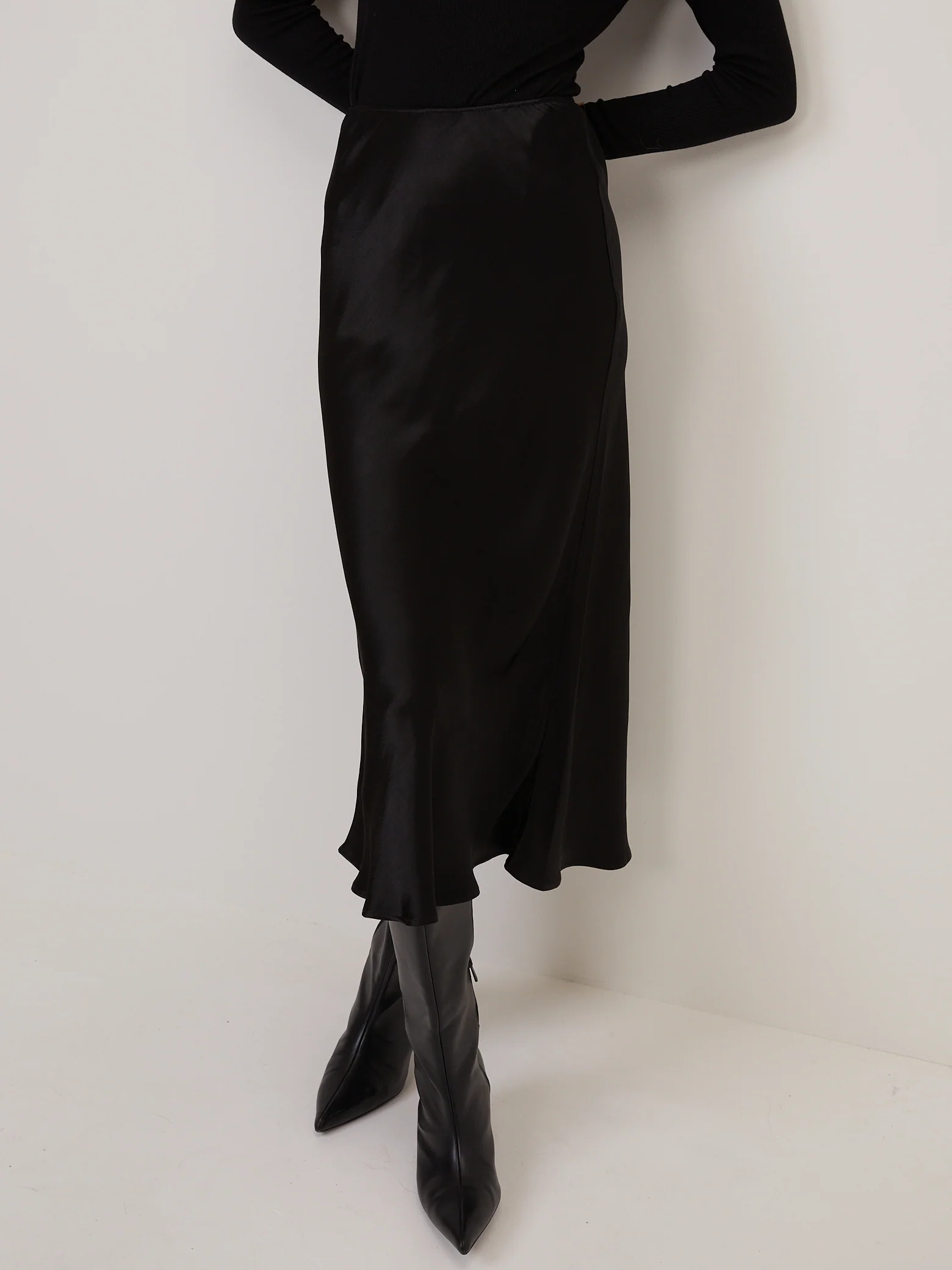 Black Satin Mila Midi Slip Skirt - Image 2