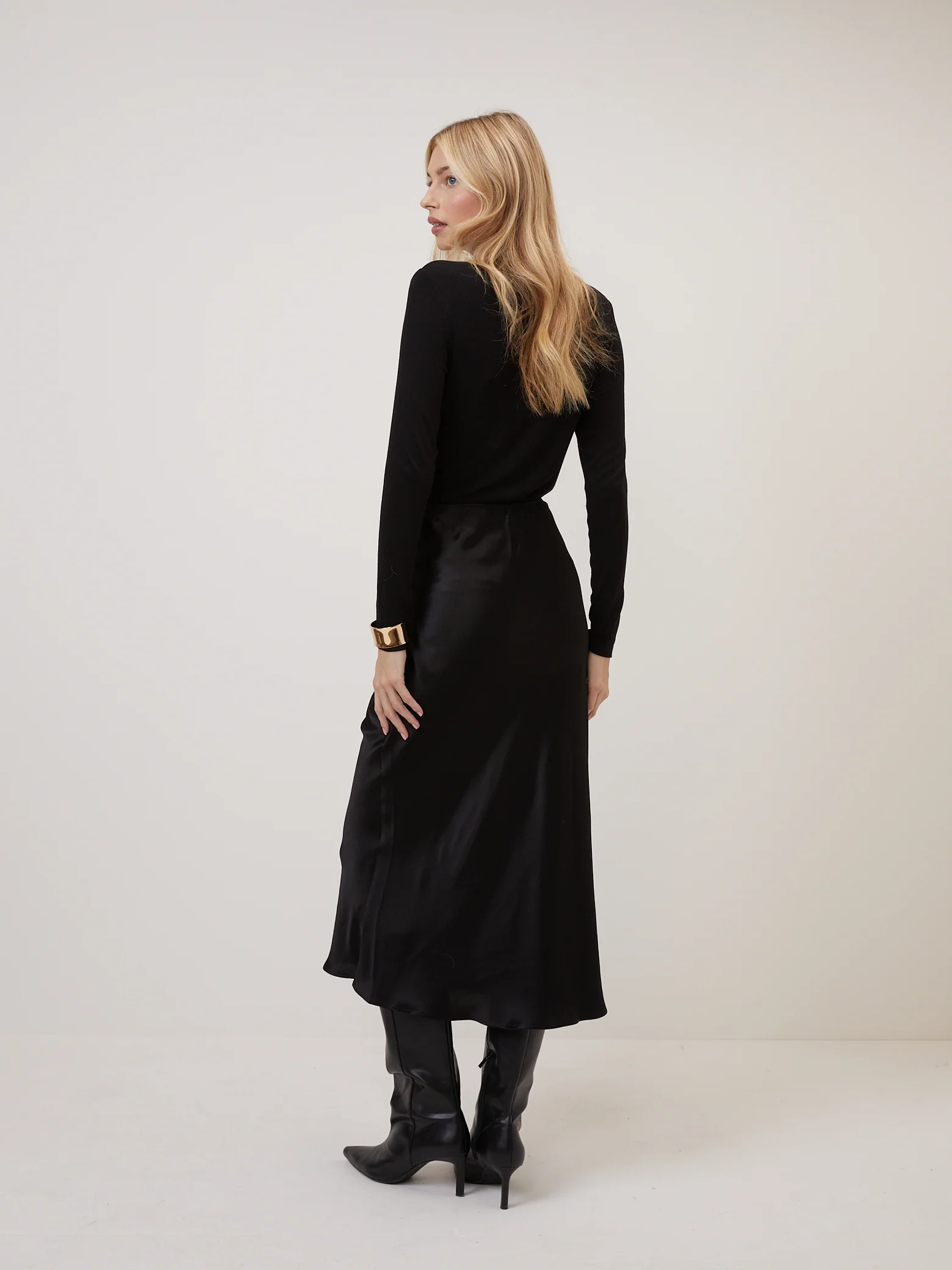 Black Satin Mila Midi Slip Skirt - Image 5