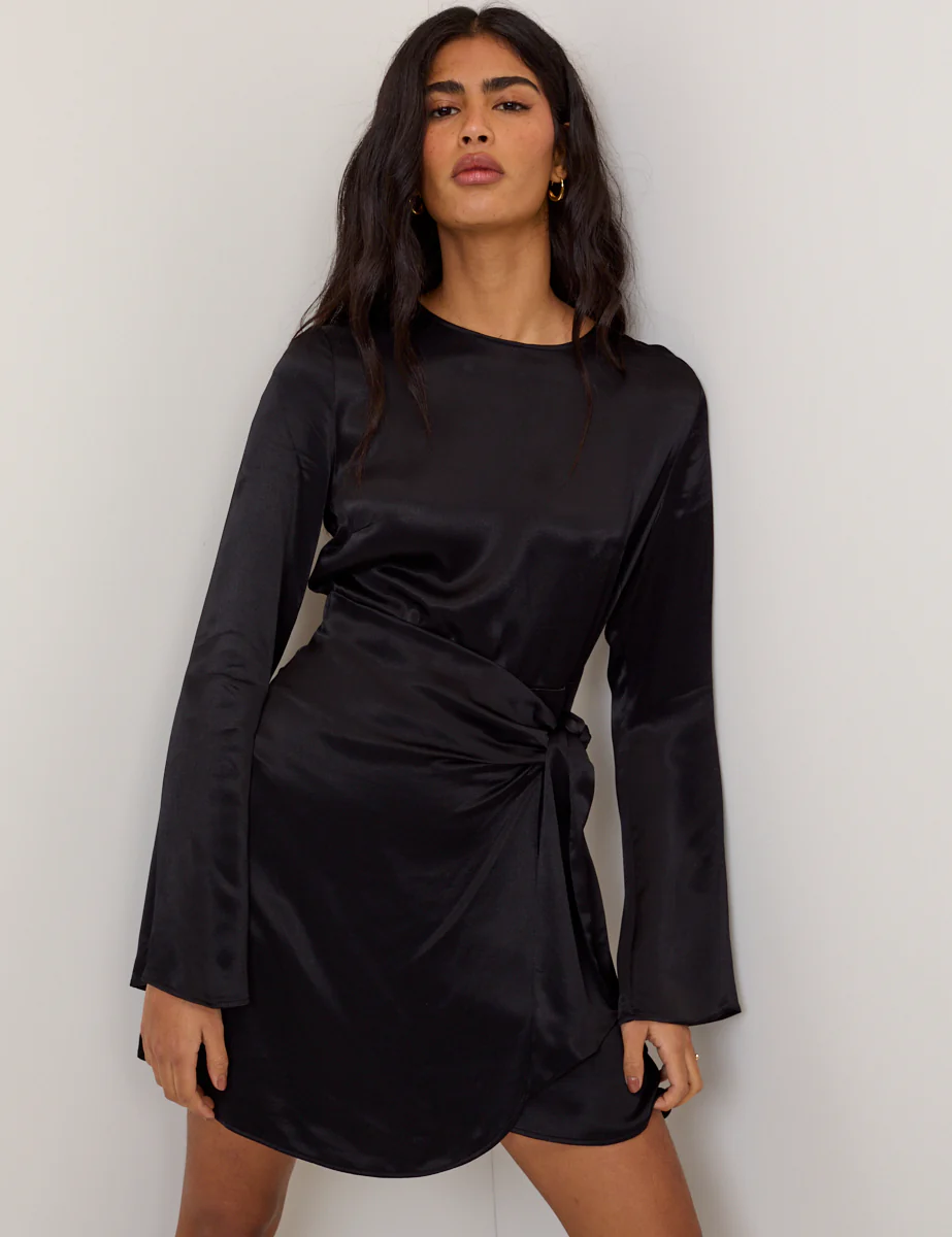 Black Satin Wrap Blair Mini Dress - Image 4