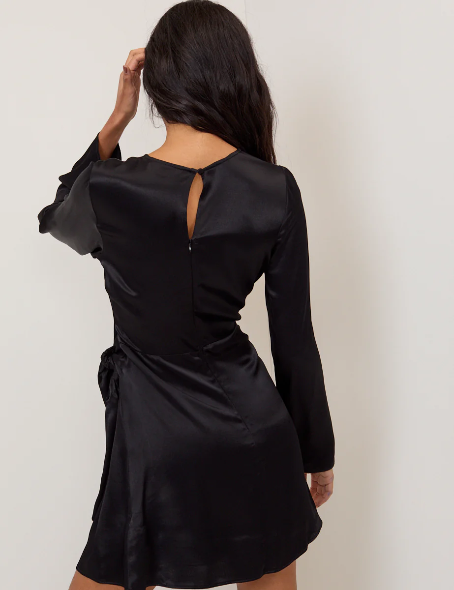 Black Satin Wrap Blair Mini Dress - Image 5