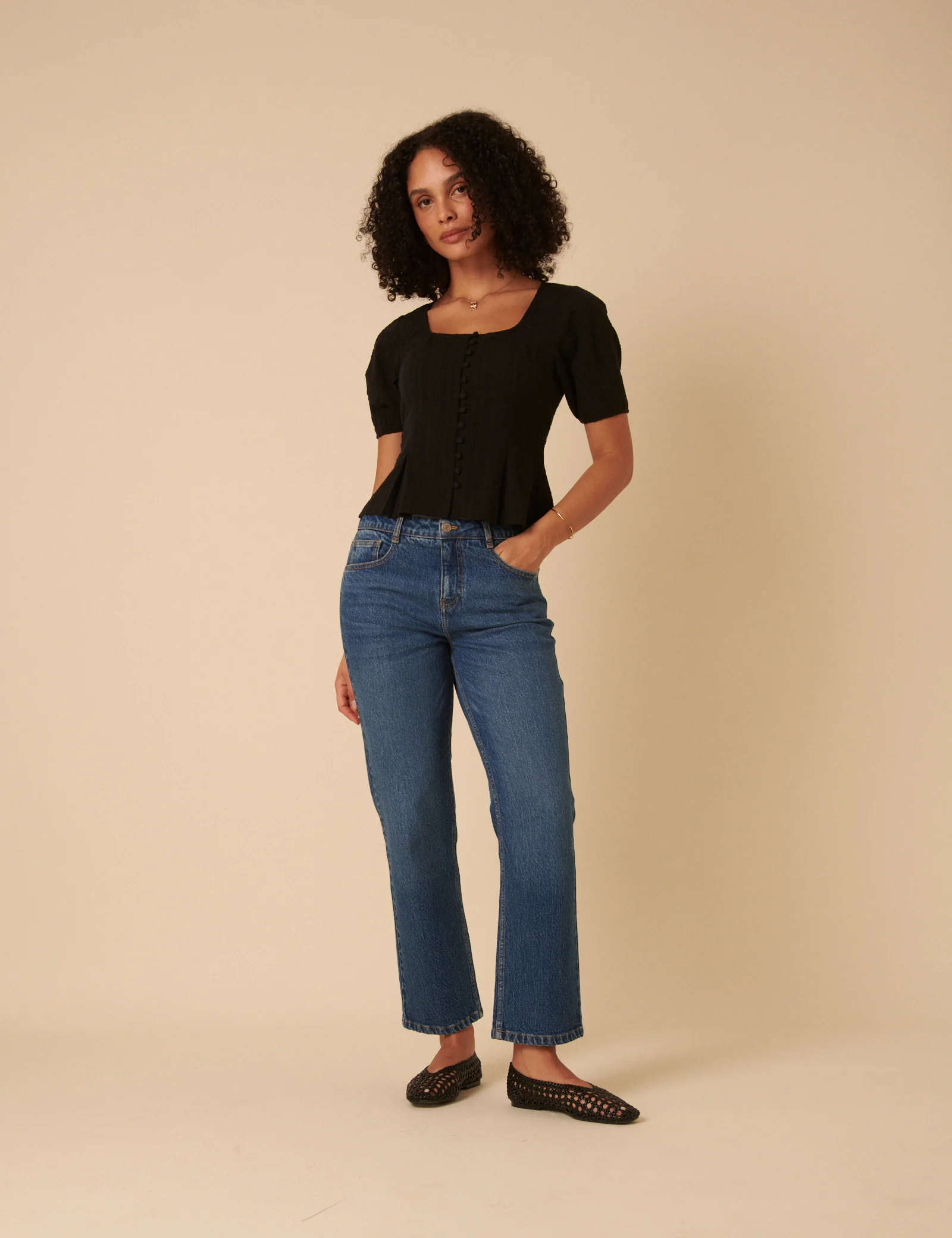 Black Short Sleeve Button Down Blouse - Image 2