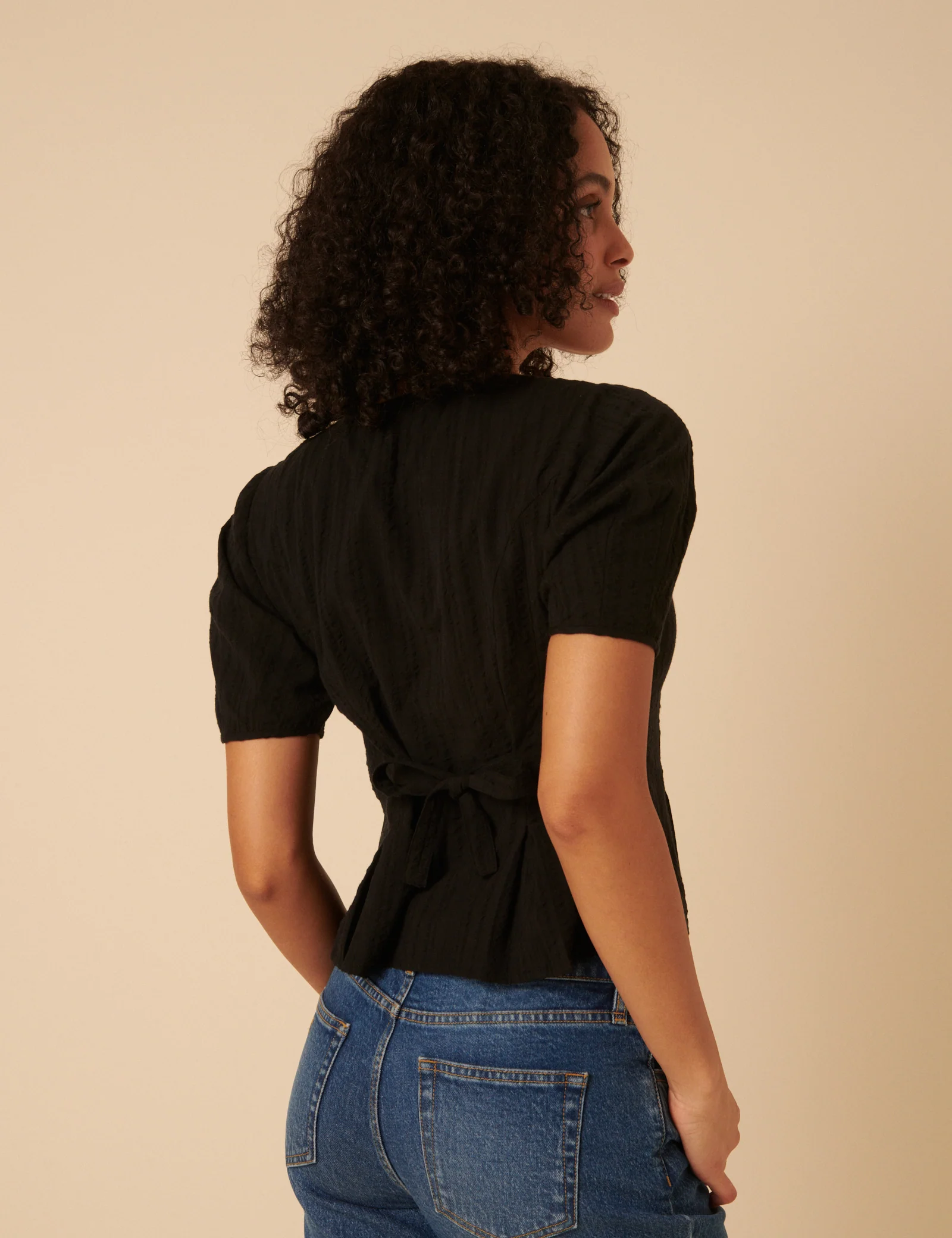 Black Short Sleeve Button Down Blouse - Image 4