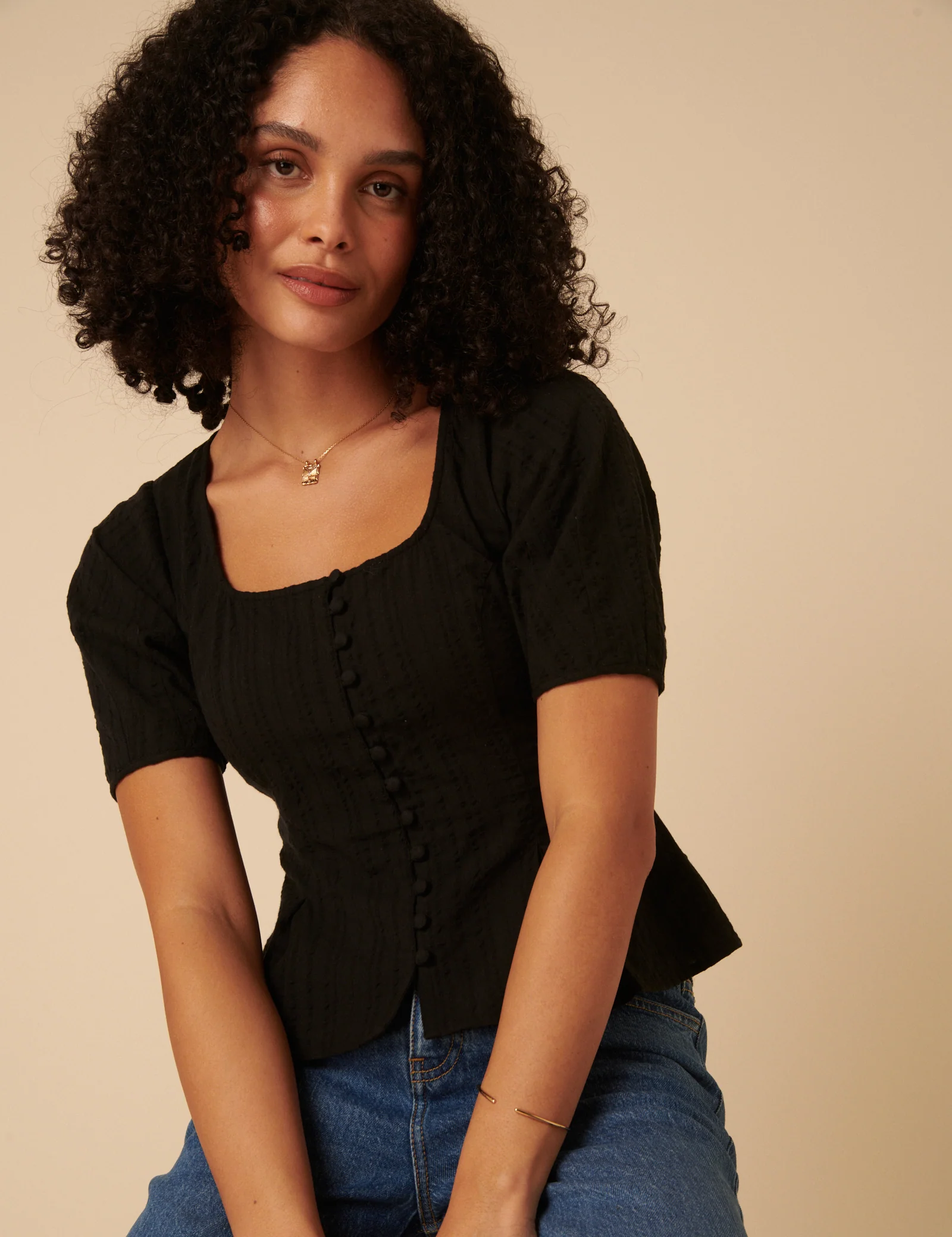 Black Short Sleeve Button Down Blouse - Image 5