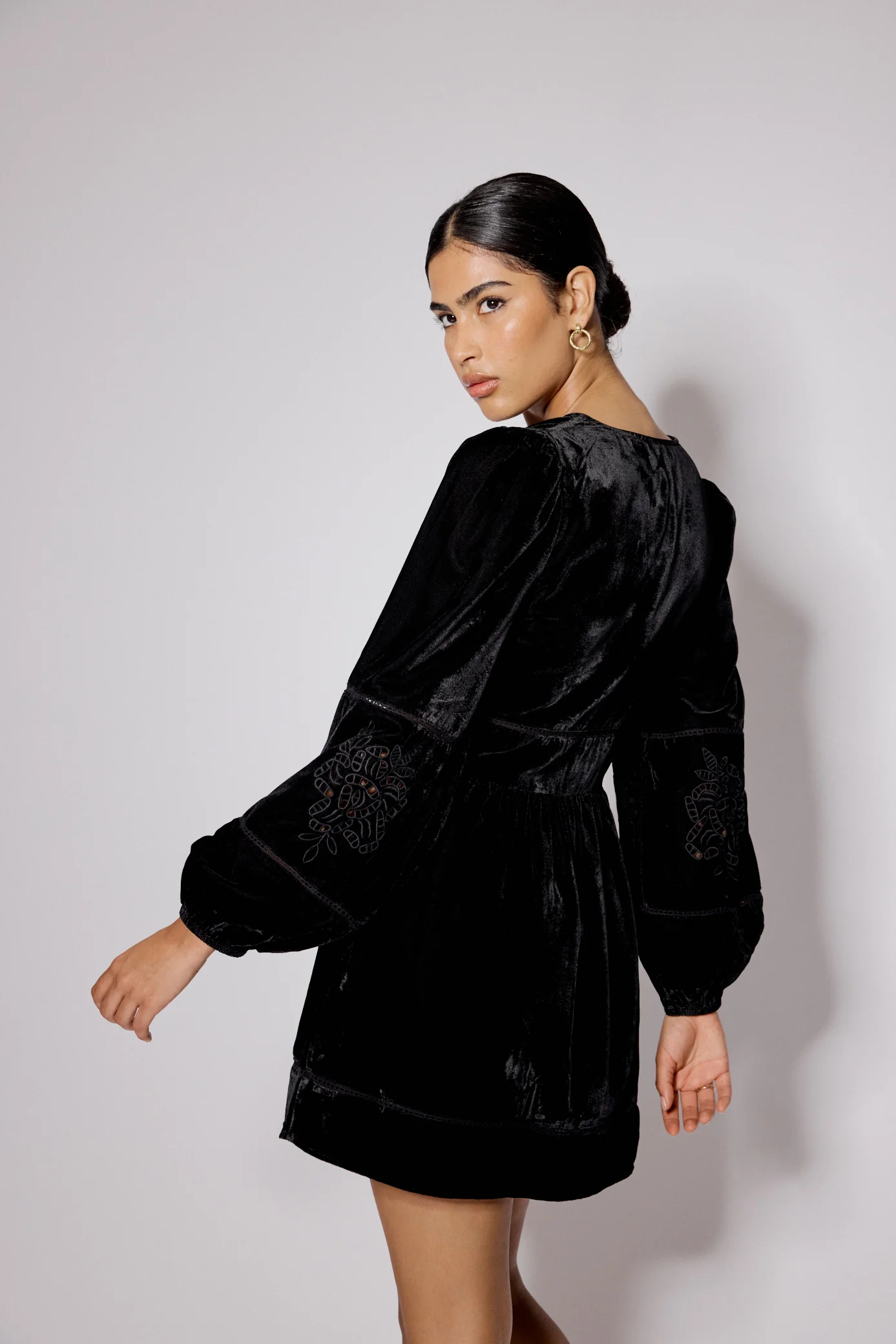 Black Velvet Balloon Sleeve Aquarius Mini Dress - Image 5