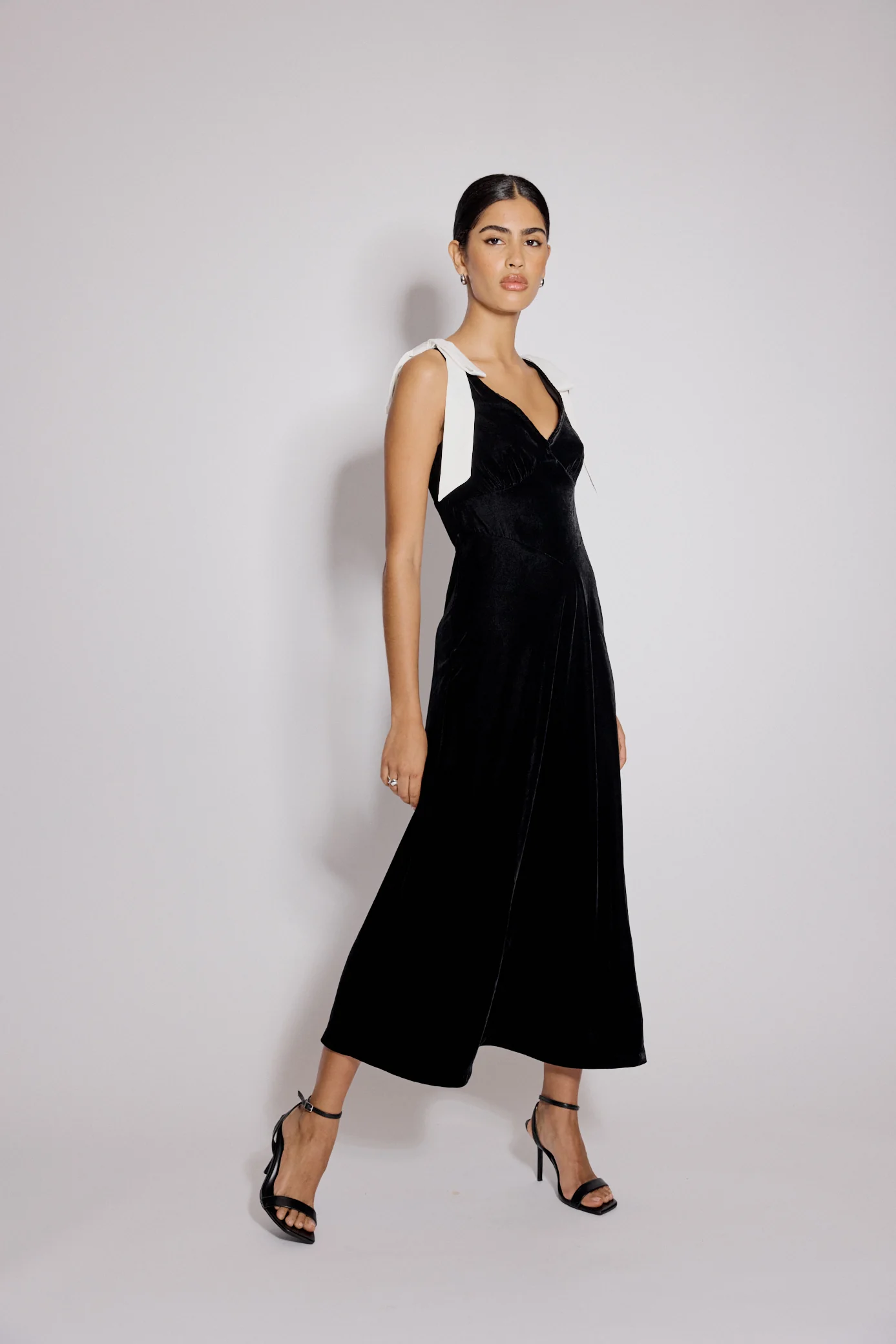 Black Velvet Bow Shoulder Lenka Midi Dress - Image 3