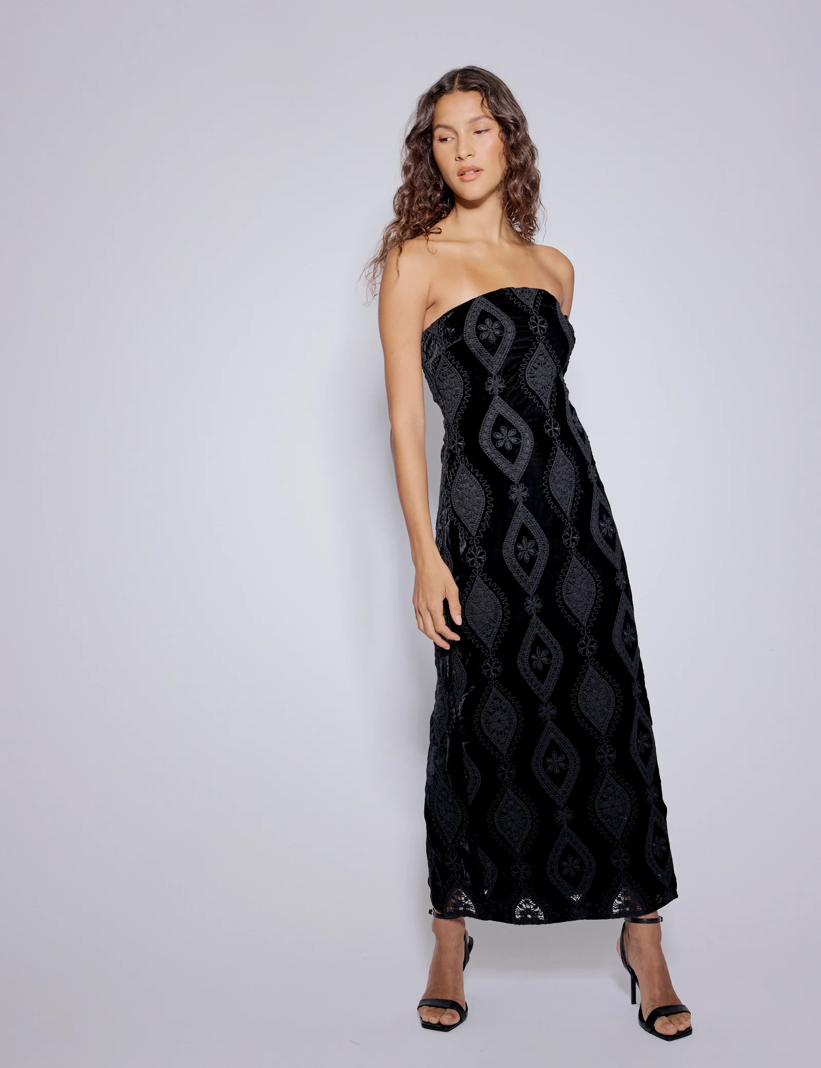 Black Velvet Floral Embroidered Bandeau Midi Dress - Image 2