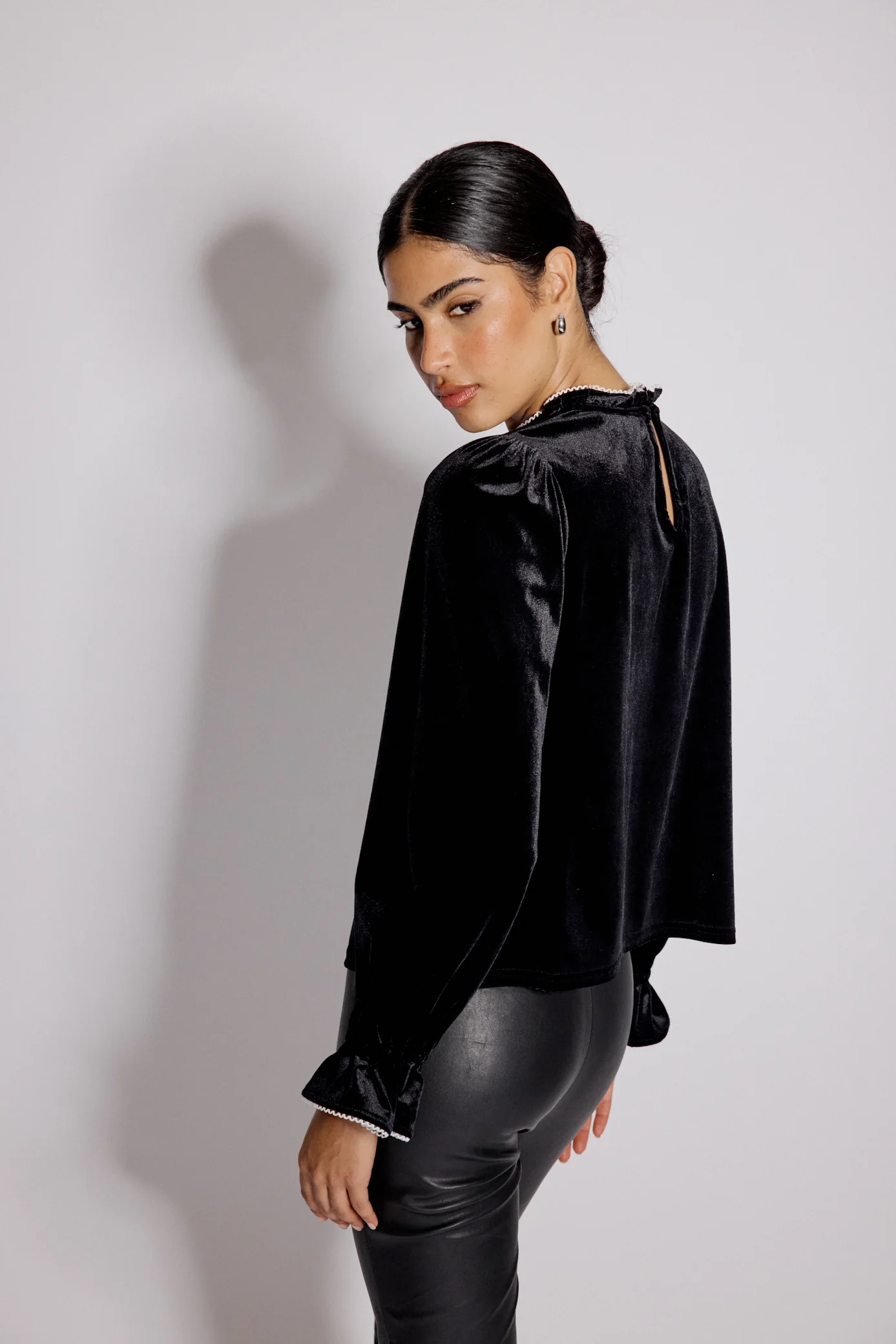 Black Velvet Frill Trim Blouse - Image 5