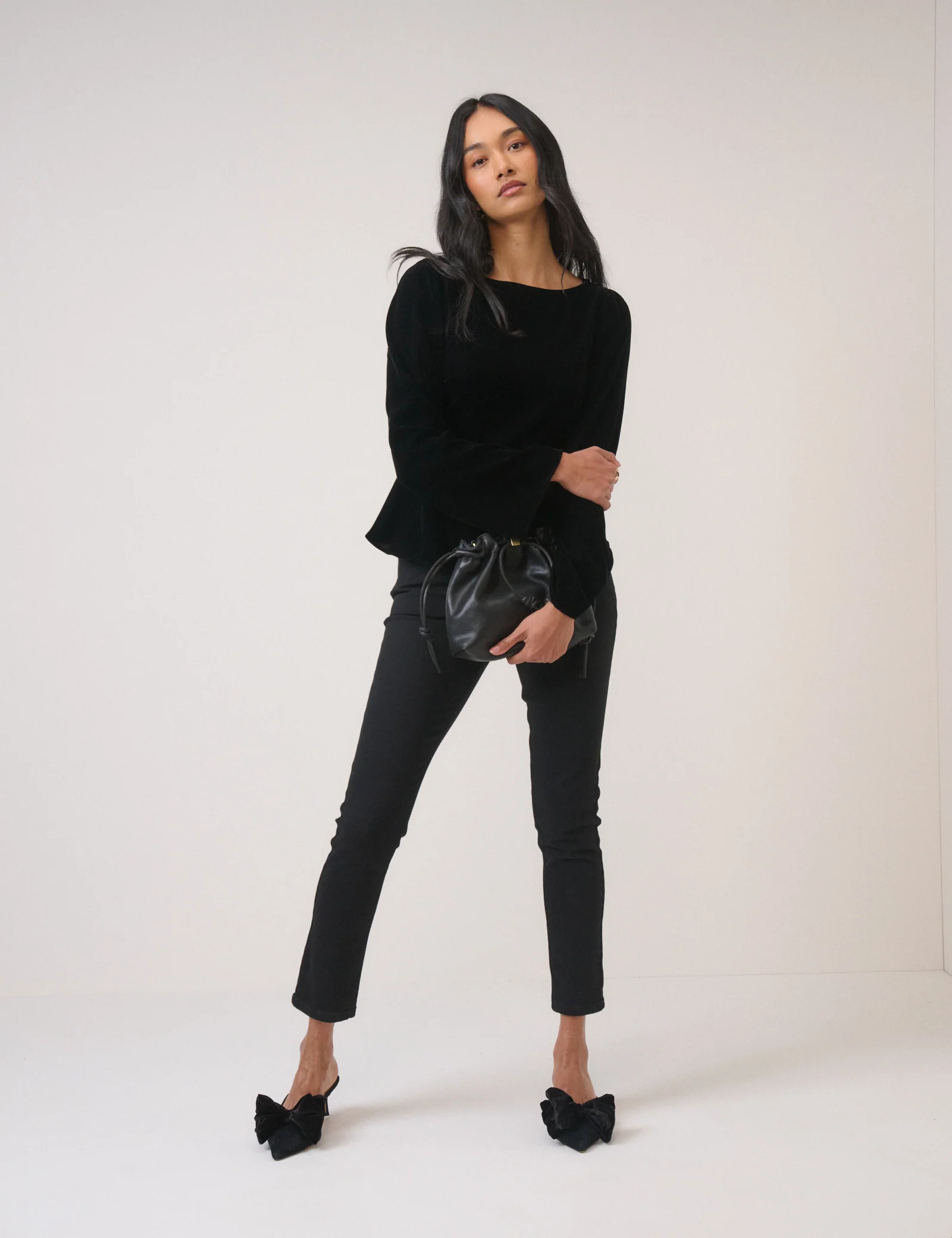 Black Velvet Long Sleeve Peplum Top - Image 3