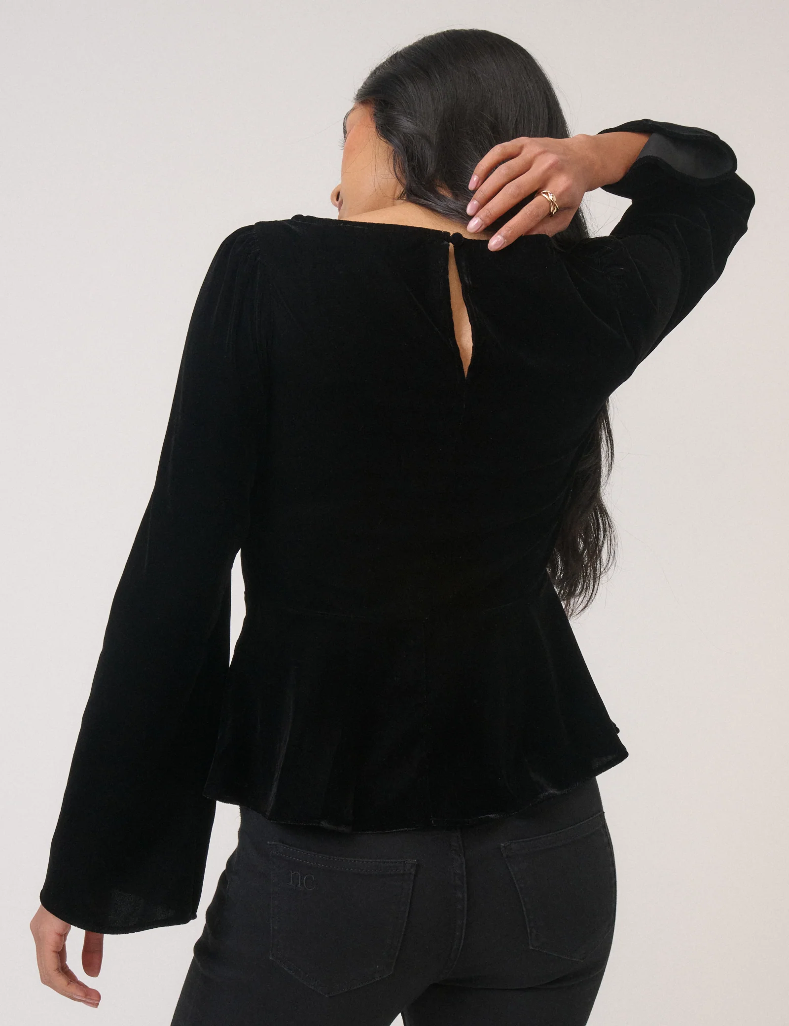 Black Velvet Long Sleeve Peplum Top - Image 5