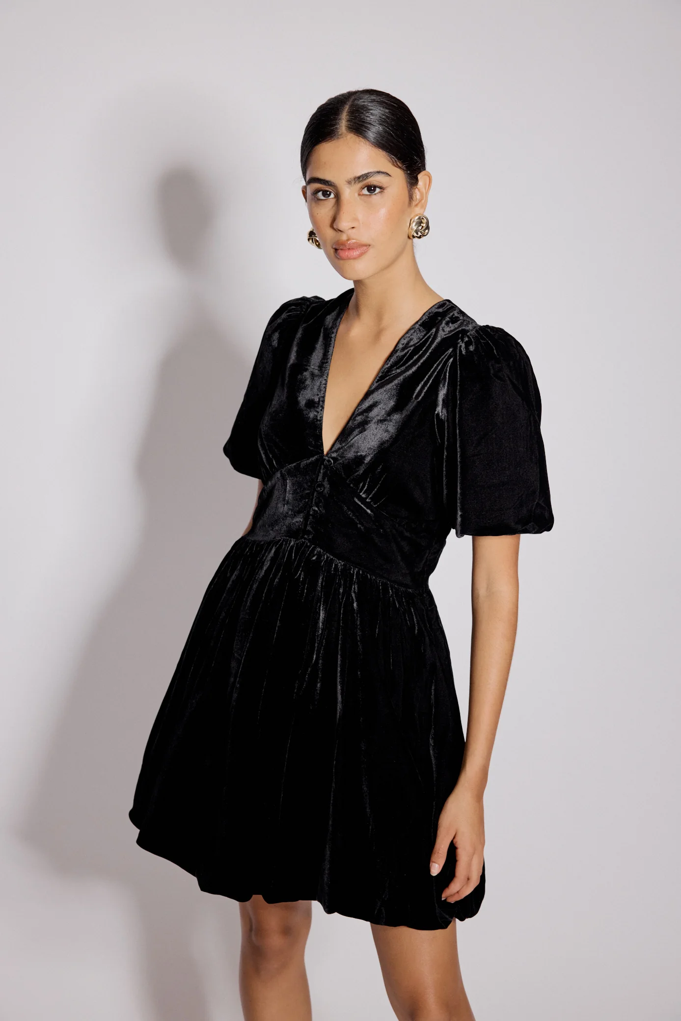 Black Velvet Puff Sleeve Starlight Mini Dress - Image 2