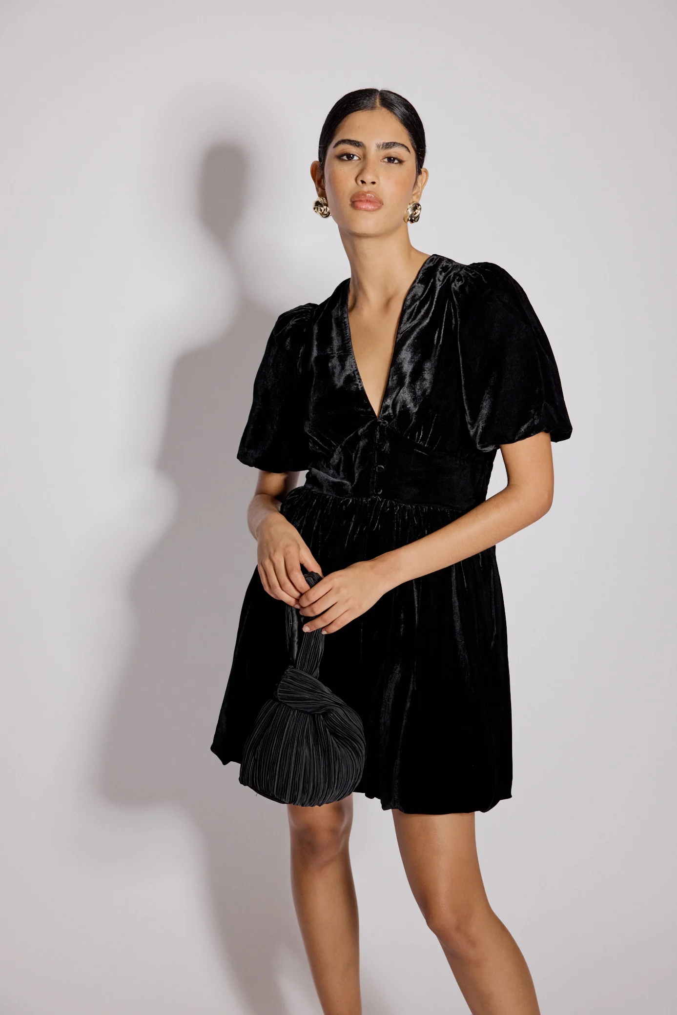Black Velvet Puff Sleeve Starlight Mini Dress - Image 4