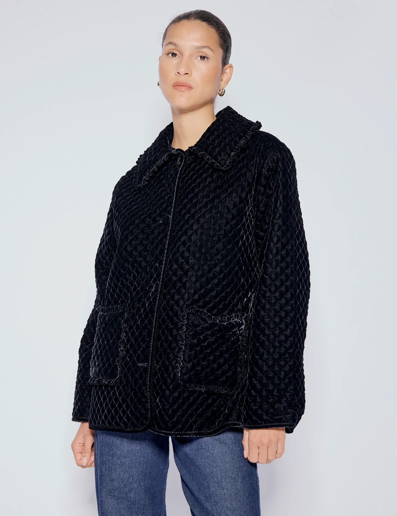 Black Velvet Quilted Collared Jacket