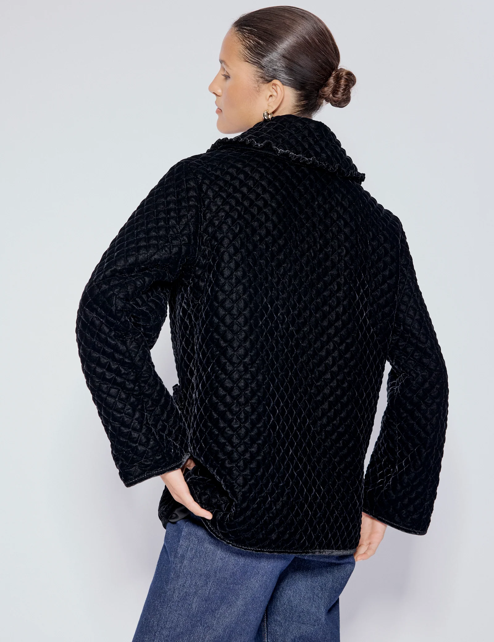 Black Velvet Quilted Collared Jacket - Image 5