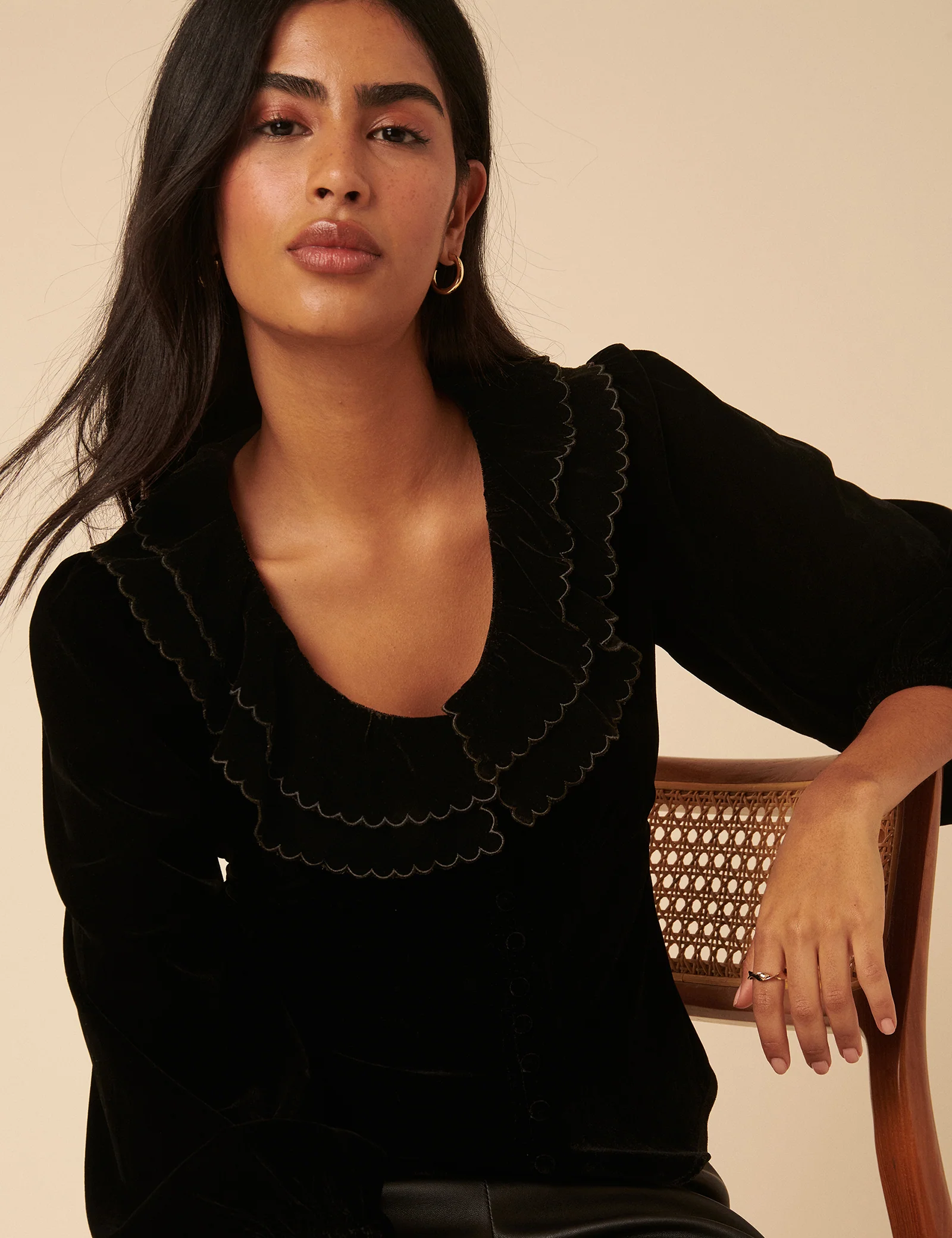 Black Velvet Ruffle Collared Blouse - Image 2