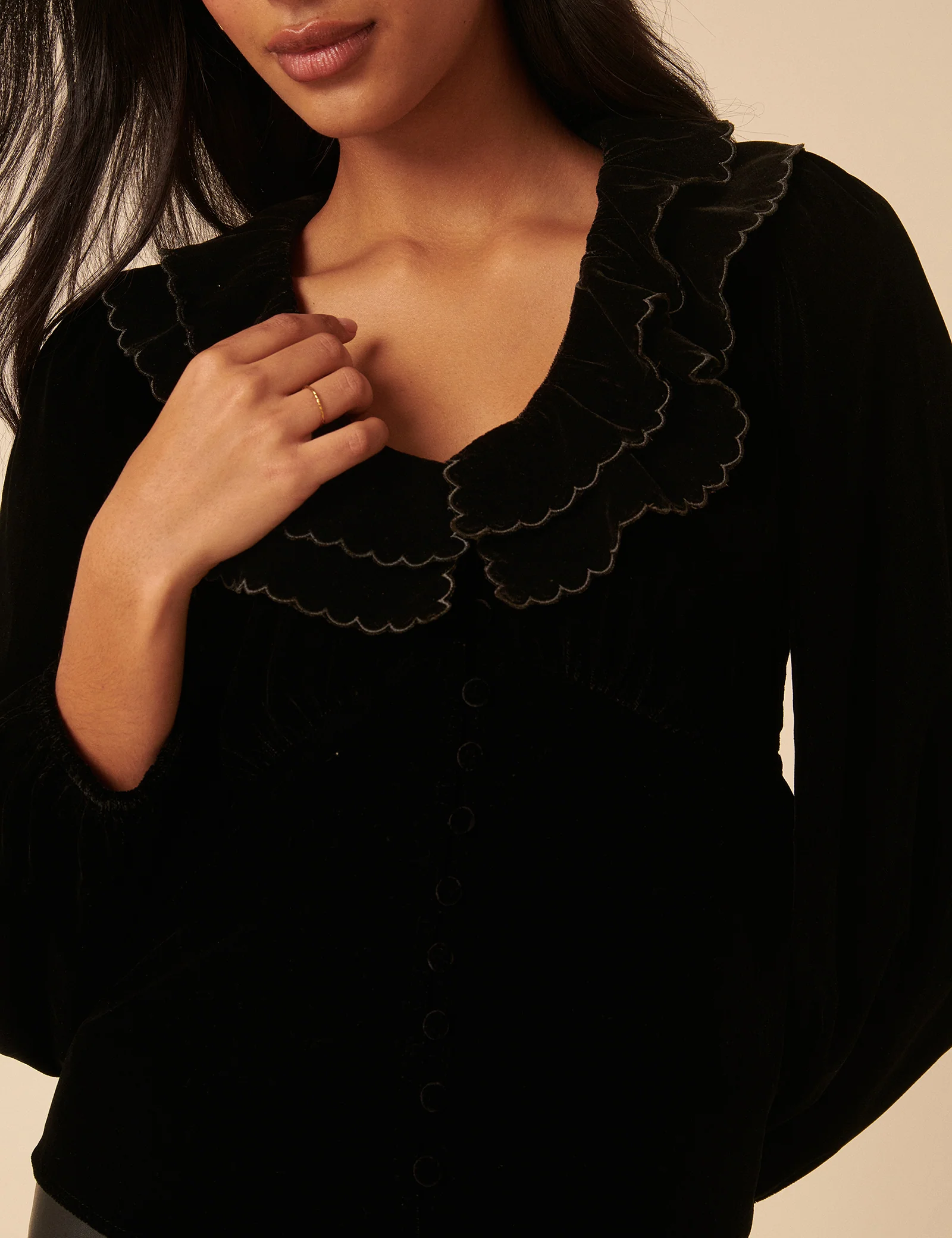 Black Velvet Ruffle Collared Blouse - Image 4