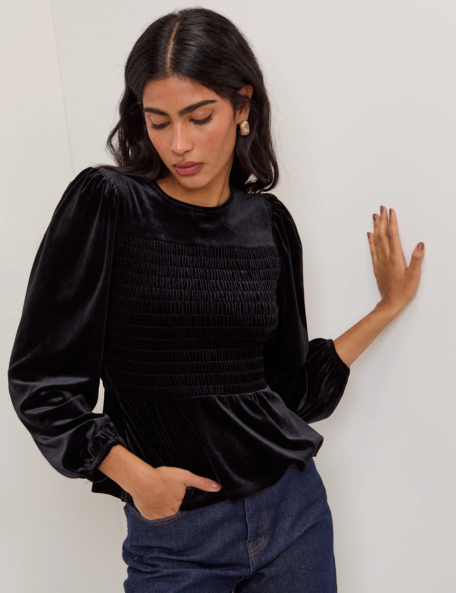 Black Velvet Shirred Balloon Sleeve Top - Image 3