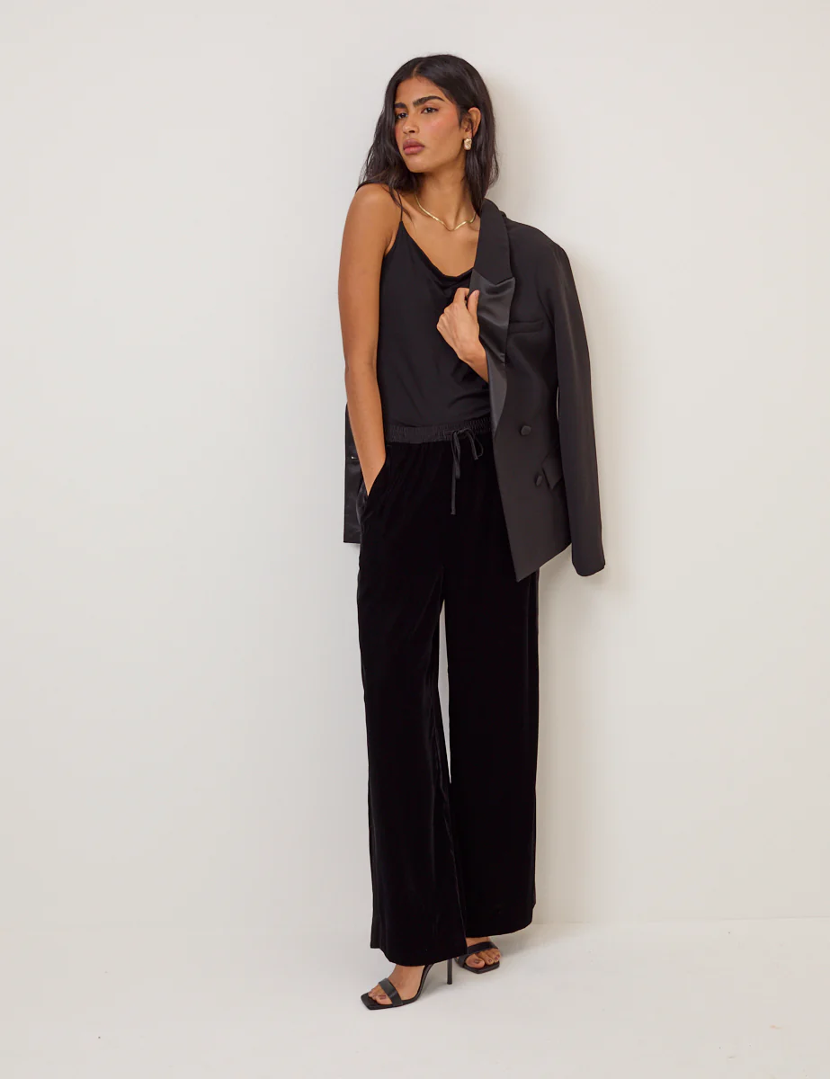 Black Velvet Contrast Satin Side Striped Trousers - Image 3